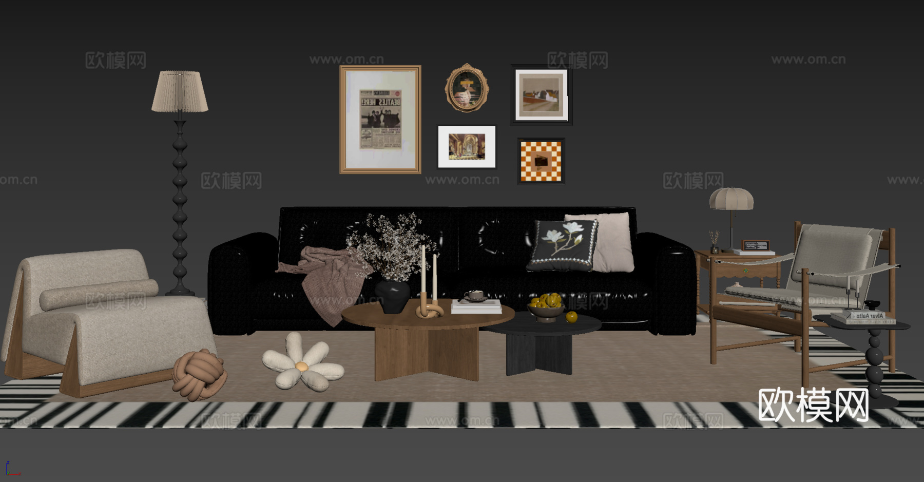 法式复古沙发组合 单人沙发 休闲椅 茶几 落地灯 装饰画su模型