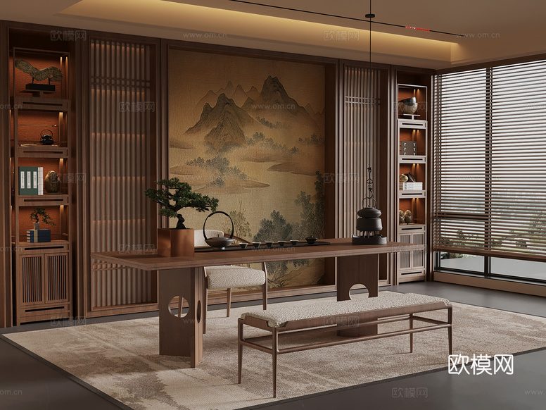 新中式茶室3d模型下载_ID16286519_3dmax免费模型-欧模网