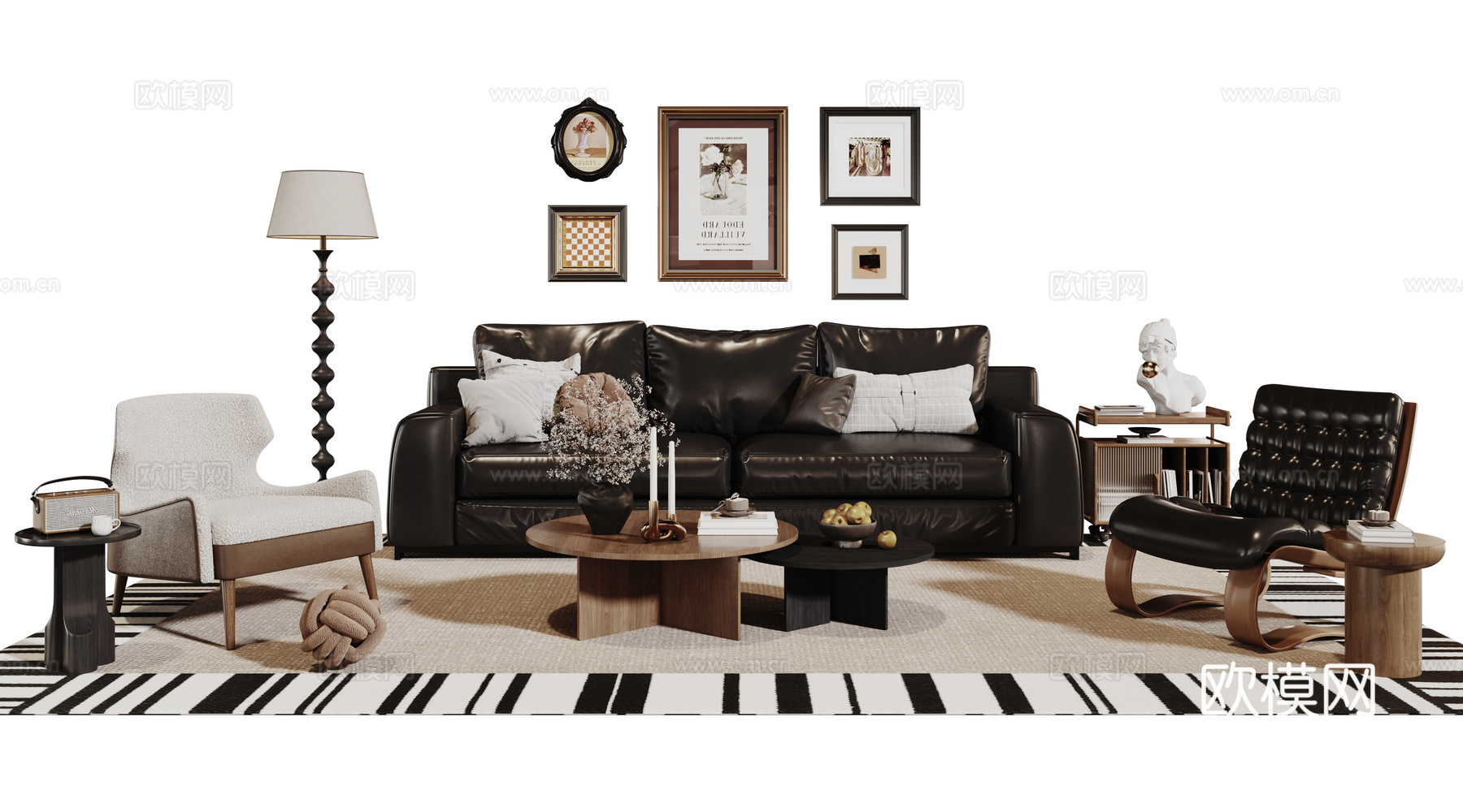 法式复古沙发组合 单人沙发 休闲椅 茶几 落地灯 装饰画su模型