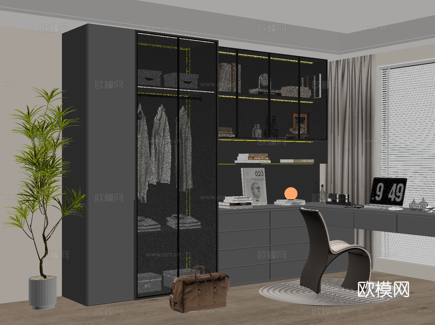 现代书柜书桌一体 衣柜su模型