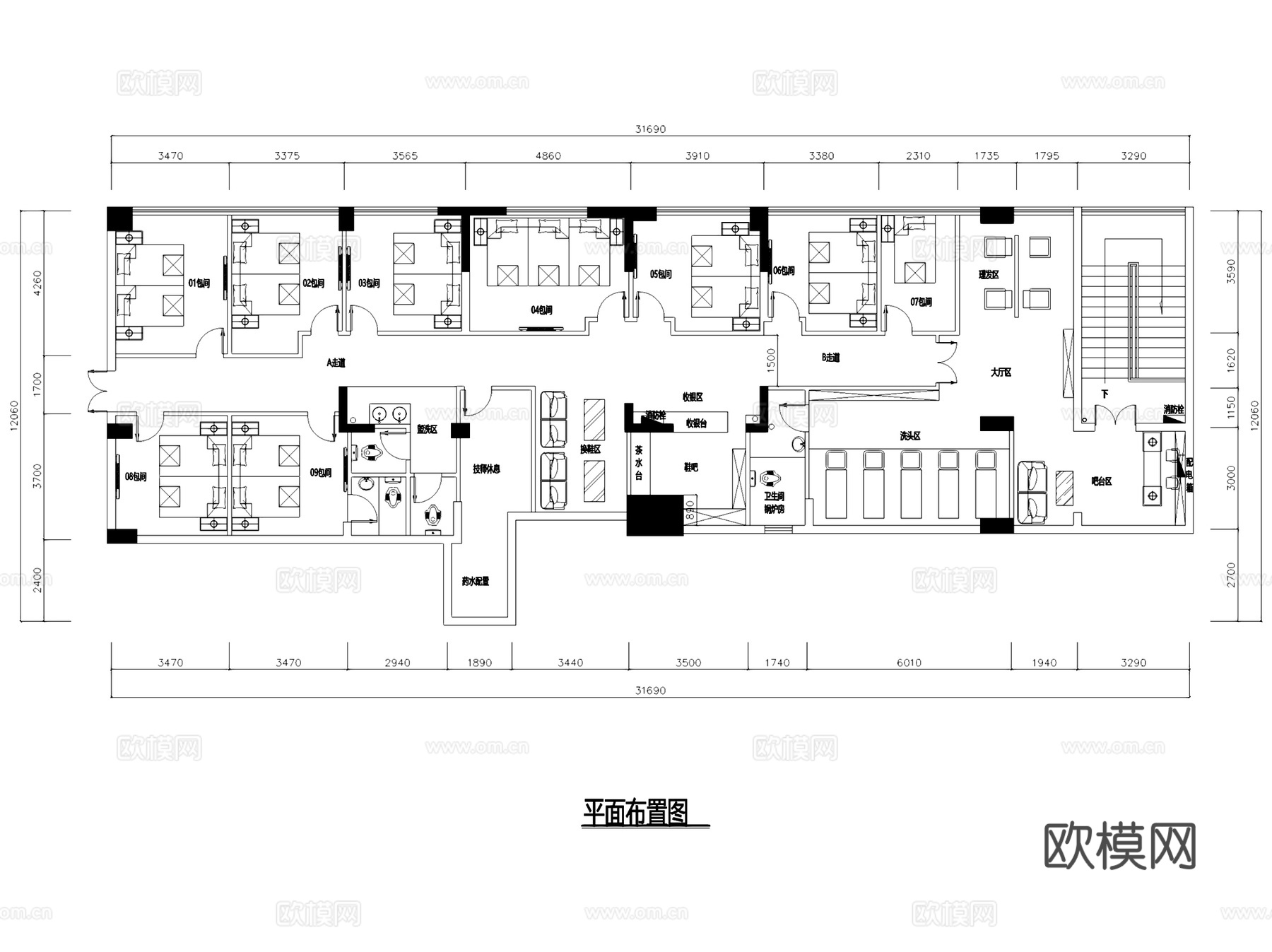 美容美发足疗按摩一丝不苟会所室内工装CAD施工图cad施工图