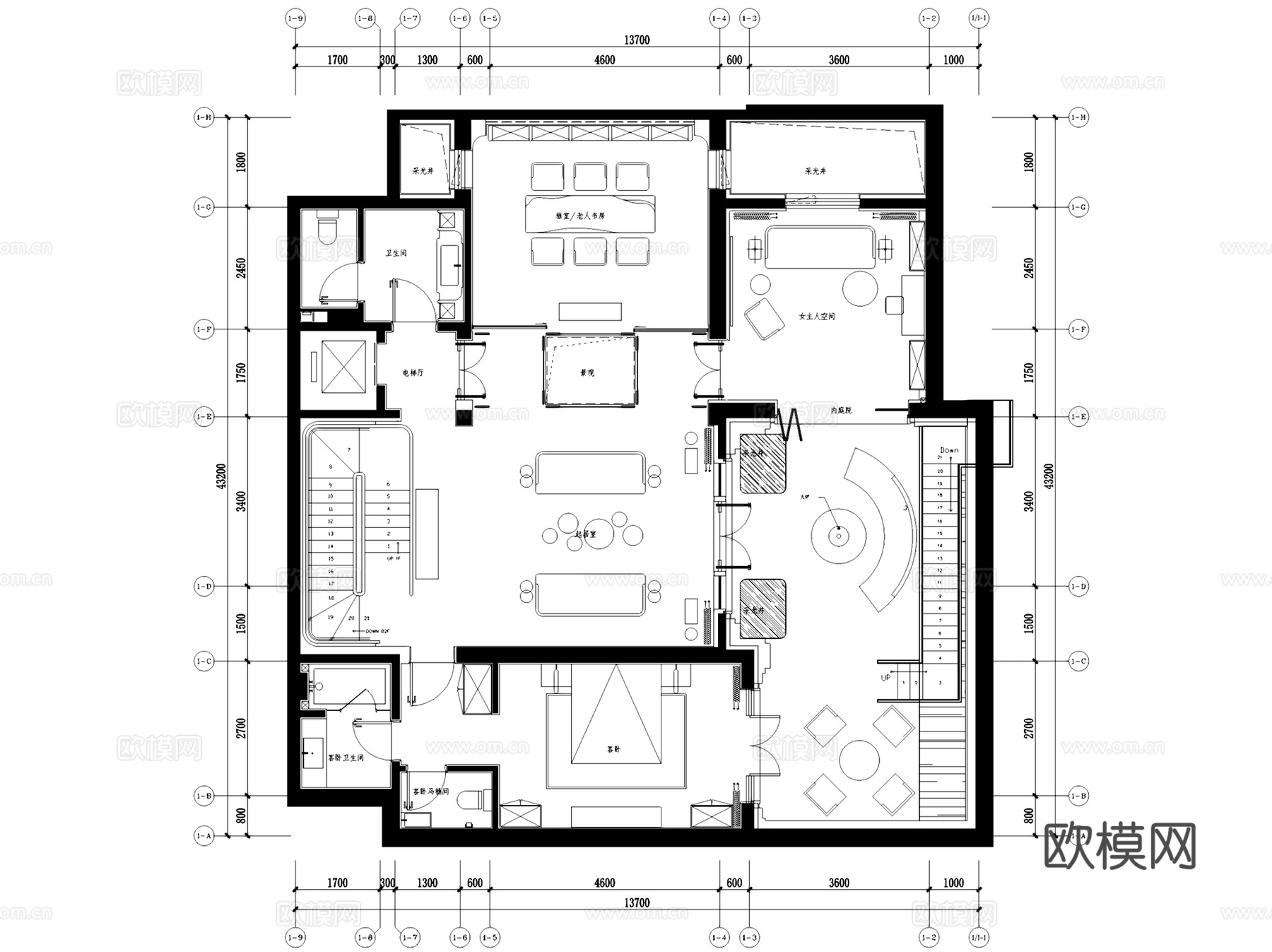 北京旭辉瀛海合院样板房中式二层别墅复式挑空室内家装CADcad施工图