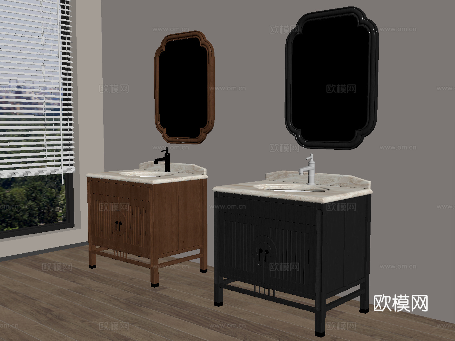 中古风浴室柜 落地浴室柜 镜子su模型