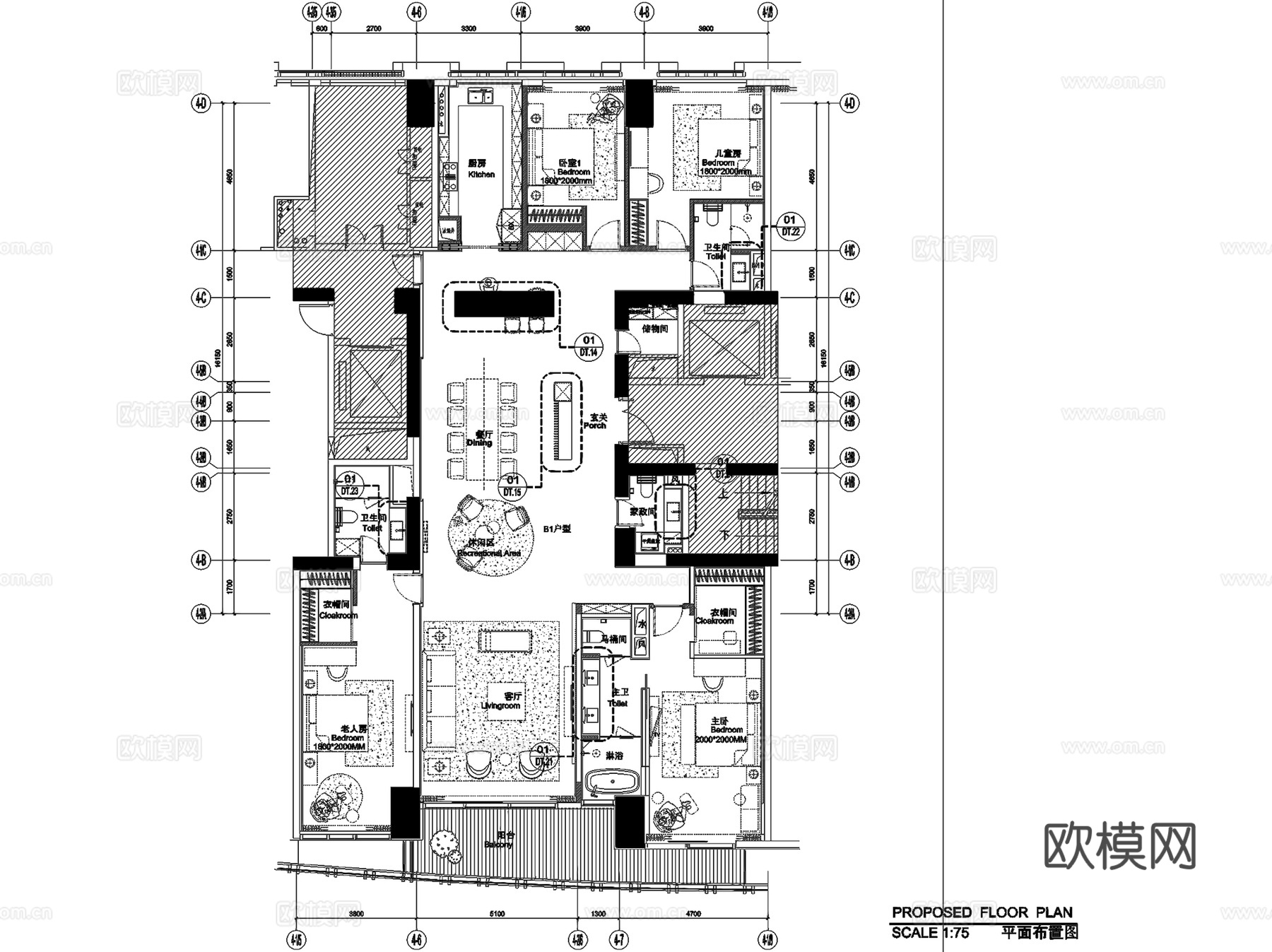 源盛云锦中心偶数层西中间套样板房室内家装CAD施工图整套cad施工图