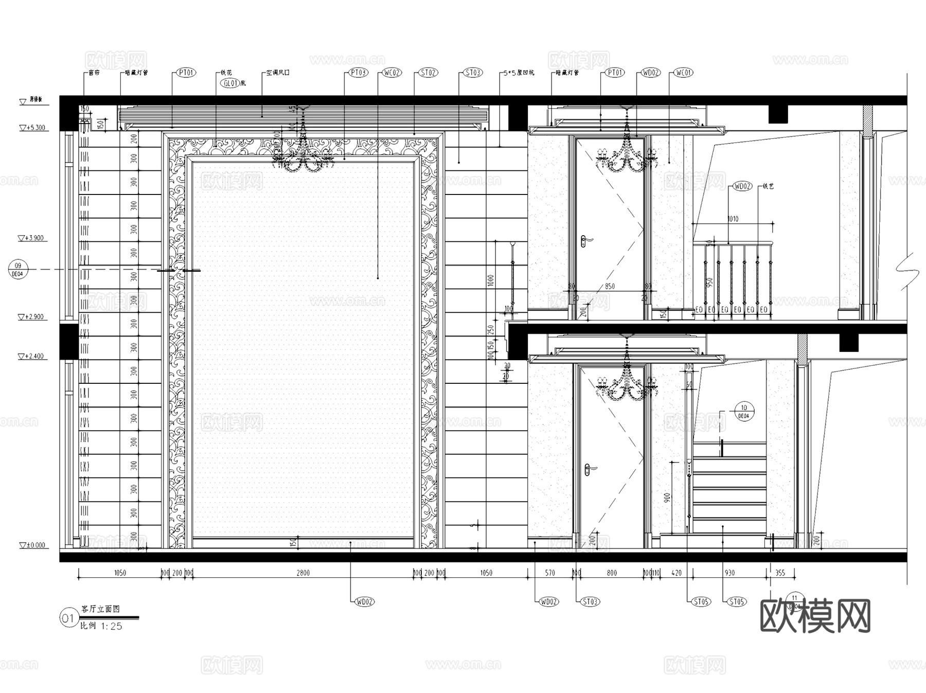 义乌天元滨江国际8层D1户型复式挑空室内家装CAD施工图整套cad施工图