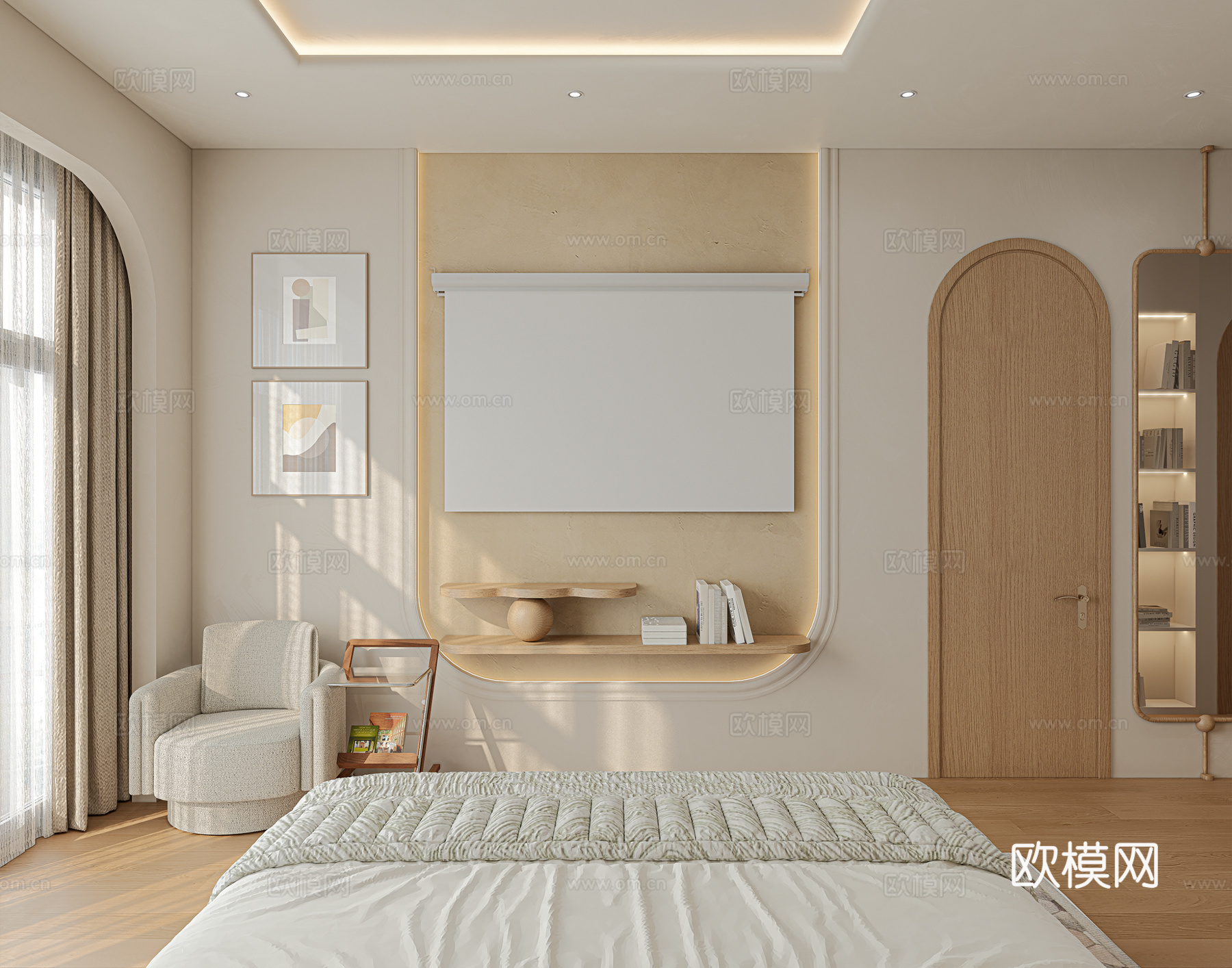 现代简约温馨风卧室 投影仪 拱形元素 木质格栅 书桌衣柜一体su模型