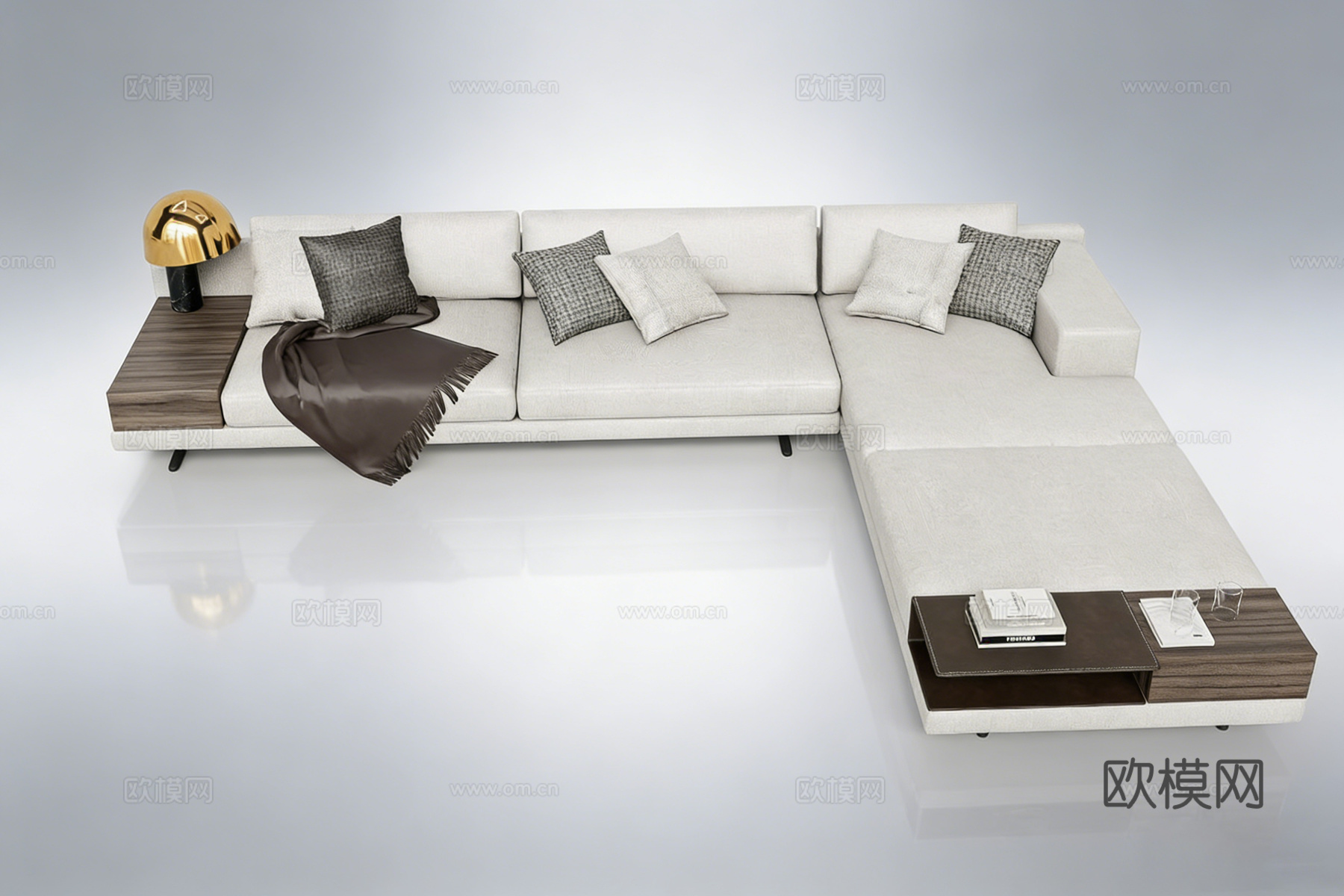 现代简约布艺L型沙发 米白色 含木质边几 金色台灯 抱枕毛毯su模型
