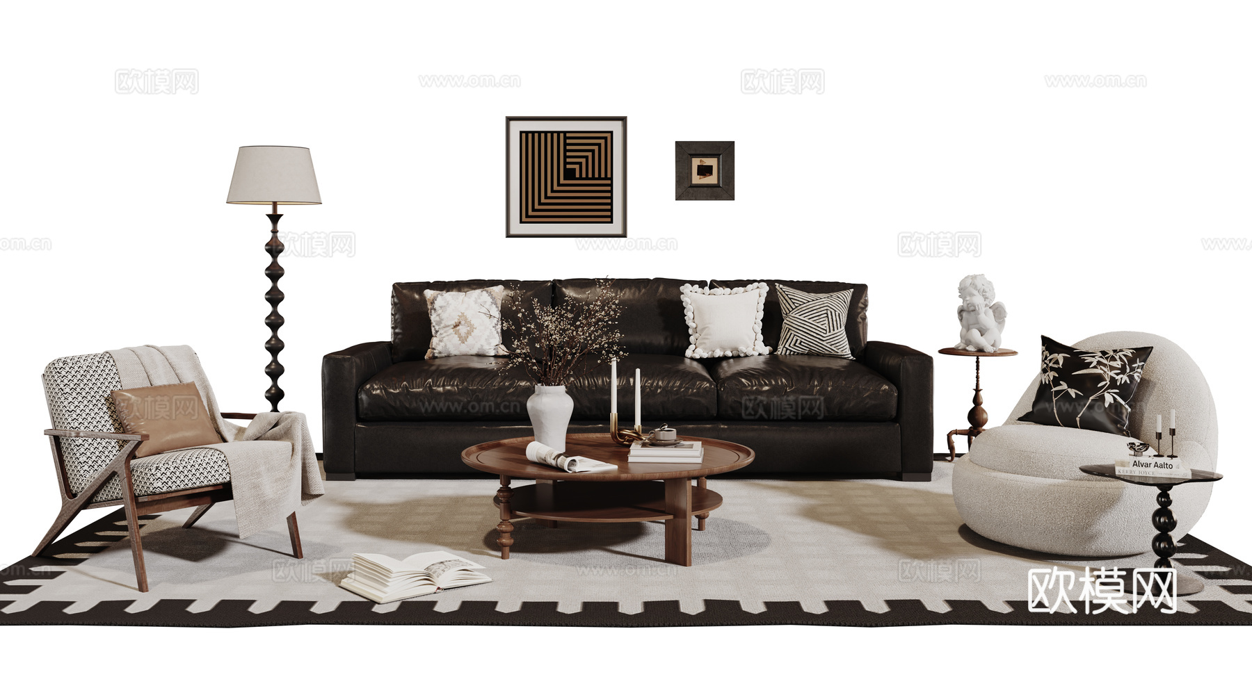 法式复古沙发组合 单人沙发 休闲椅 茶几 落地灯 装饰画su模型