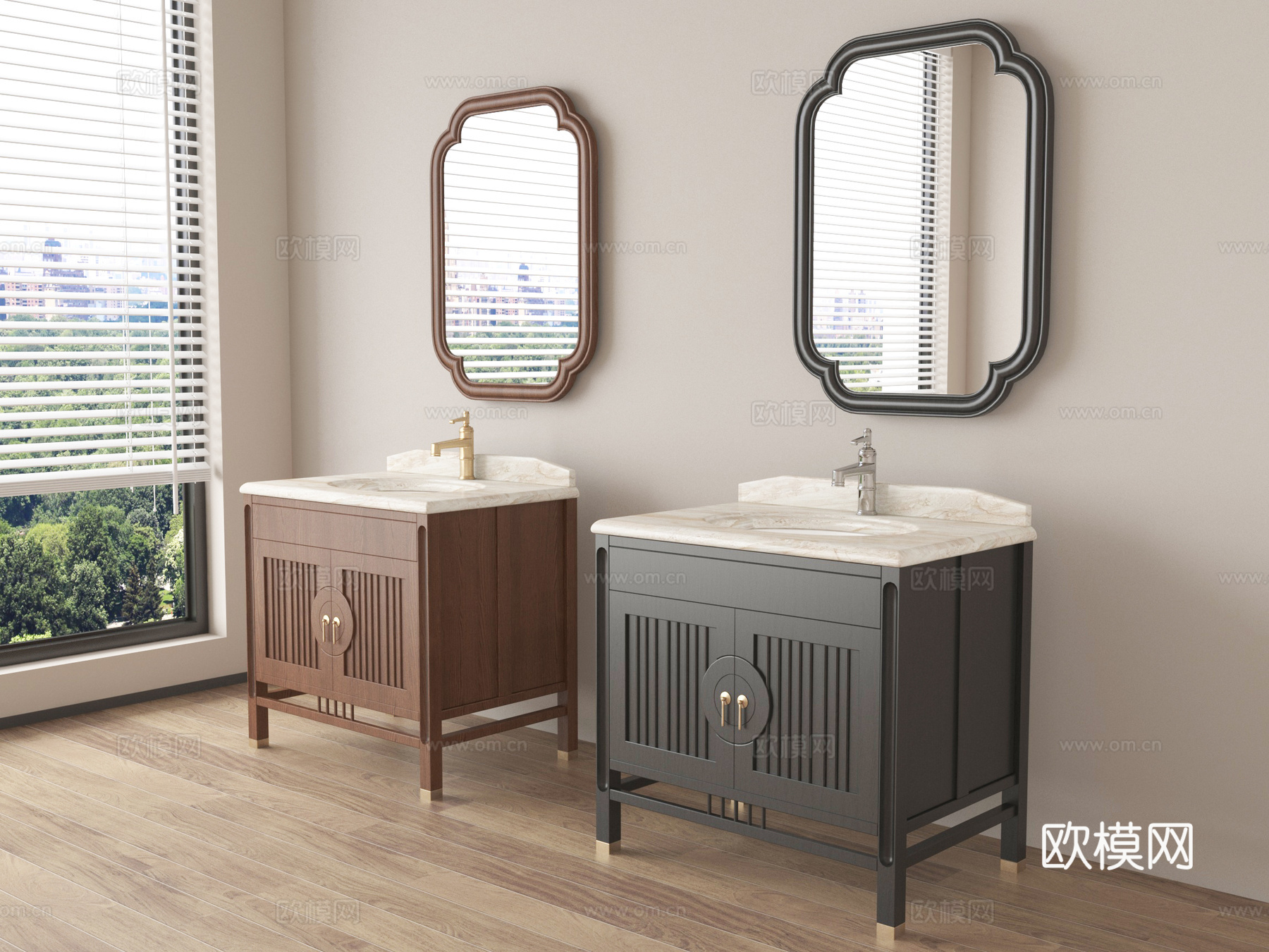 中古风浴室柜 落地浴室柜 镜子su模型