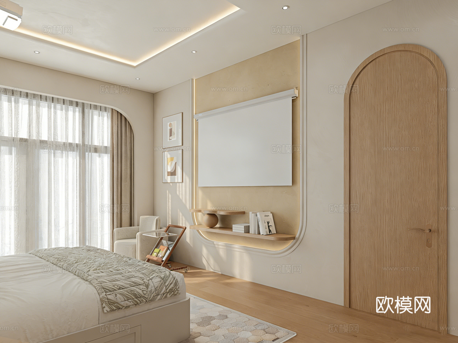 现代简约温馨风卧室 投影仪 拱形元素 木质格栅 书桌衣柜一体su模型