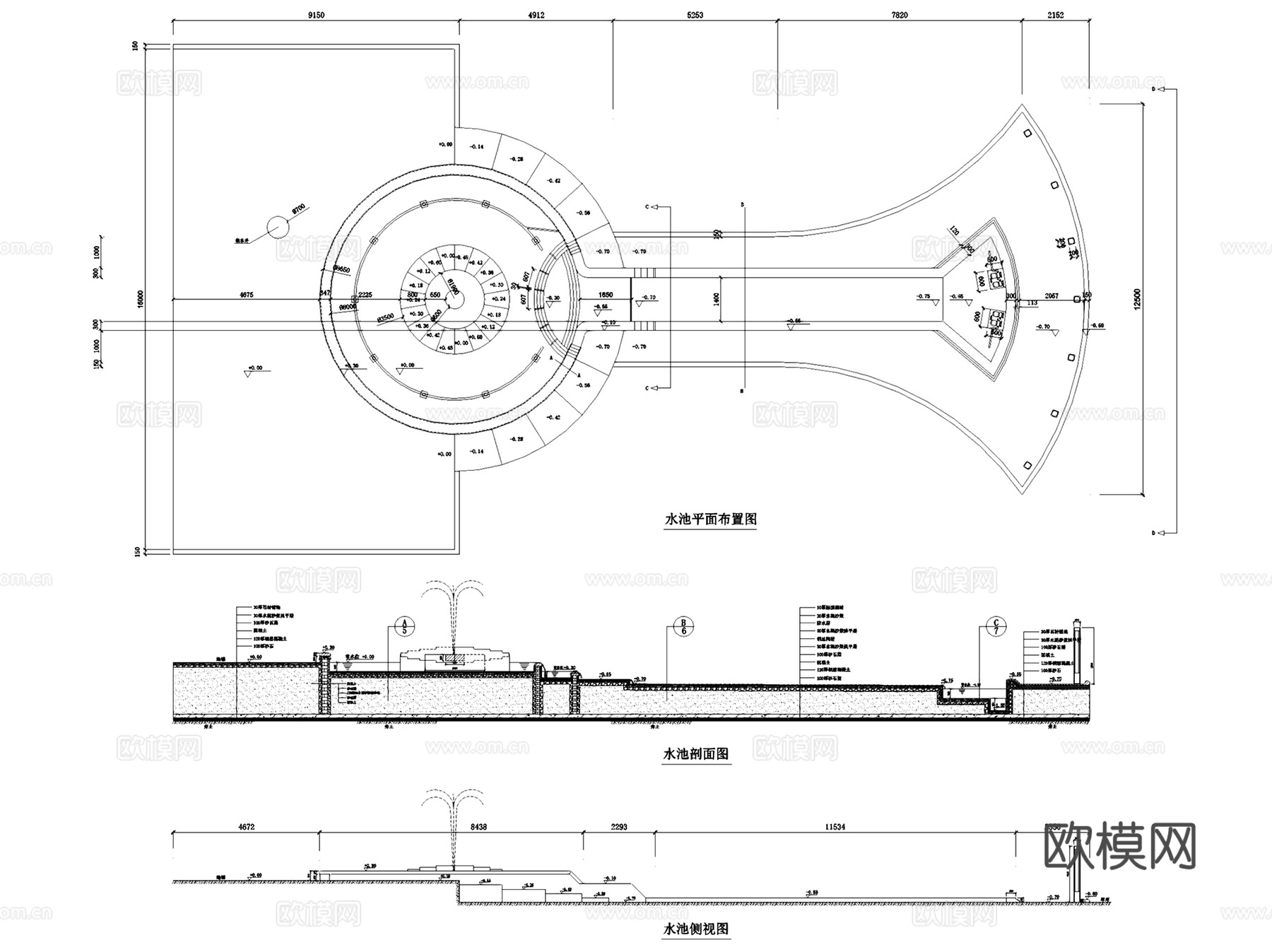 水池跌水叠水喷泉景观水景节点大样CAD施工图集 60套cad施工图