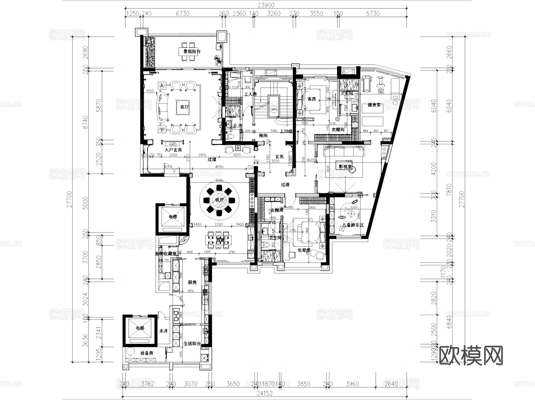 欧式佛山金地天玺宁宅二层别墅复式挑空室内家装CADcad施工图