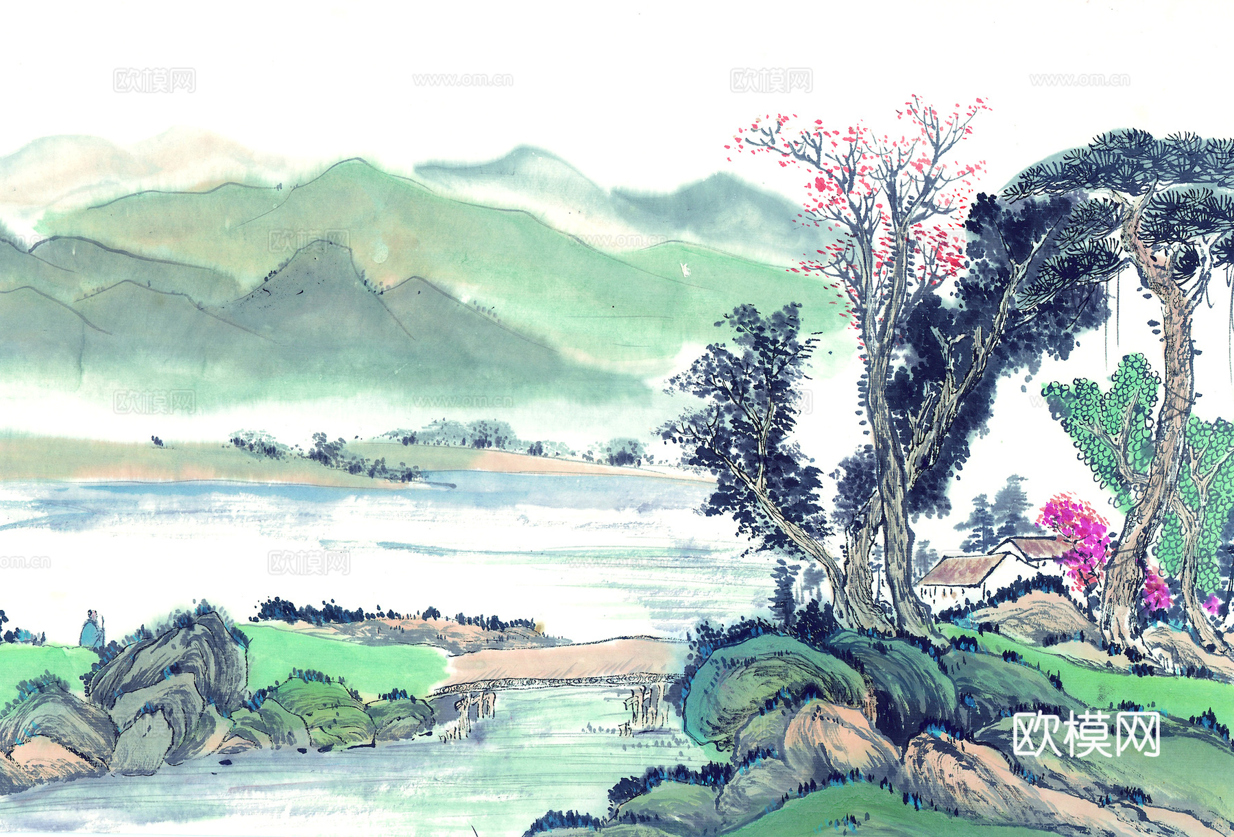 中式新中式挂画壁画字画山水花鸟背景墙壁纸装饰画油画下载