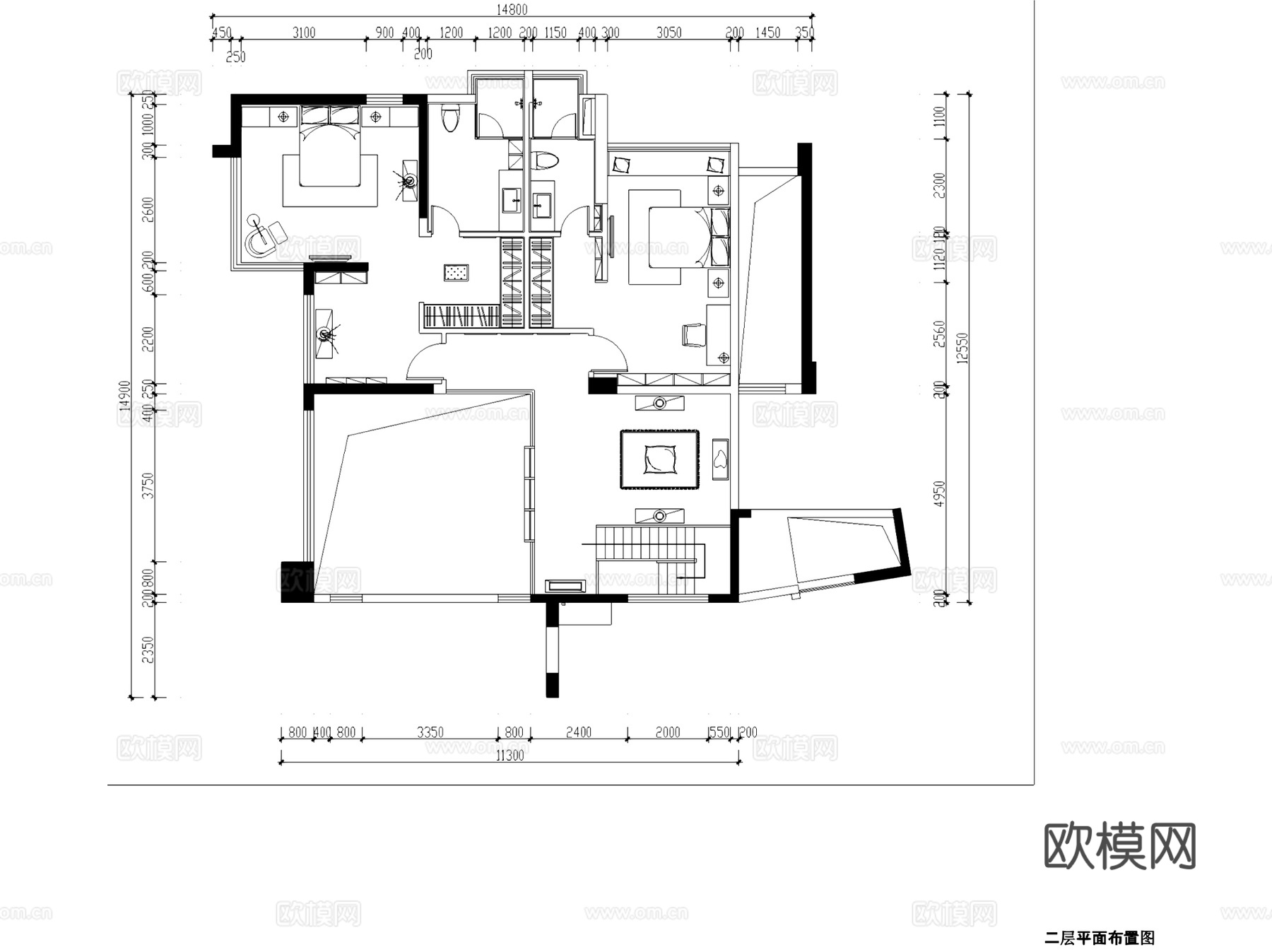 华发世纪城中式二层别墅复式中空挑空室内家装CAD施工图cad施工图