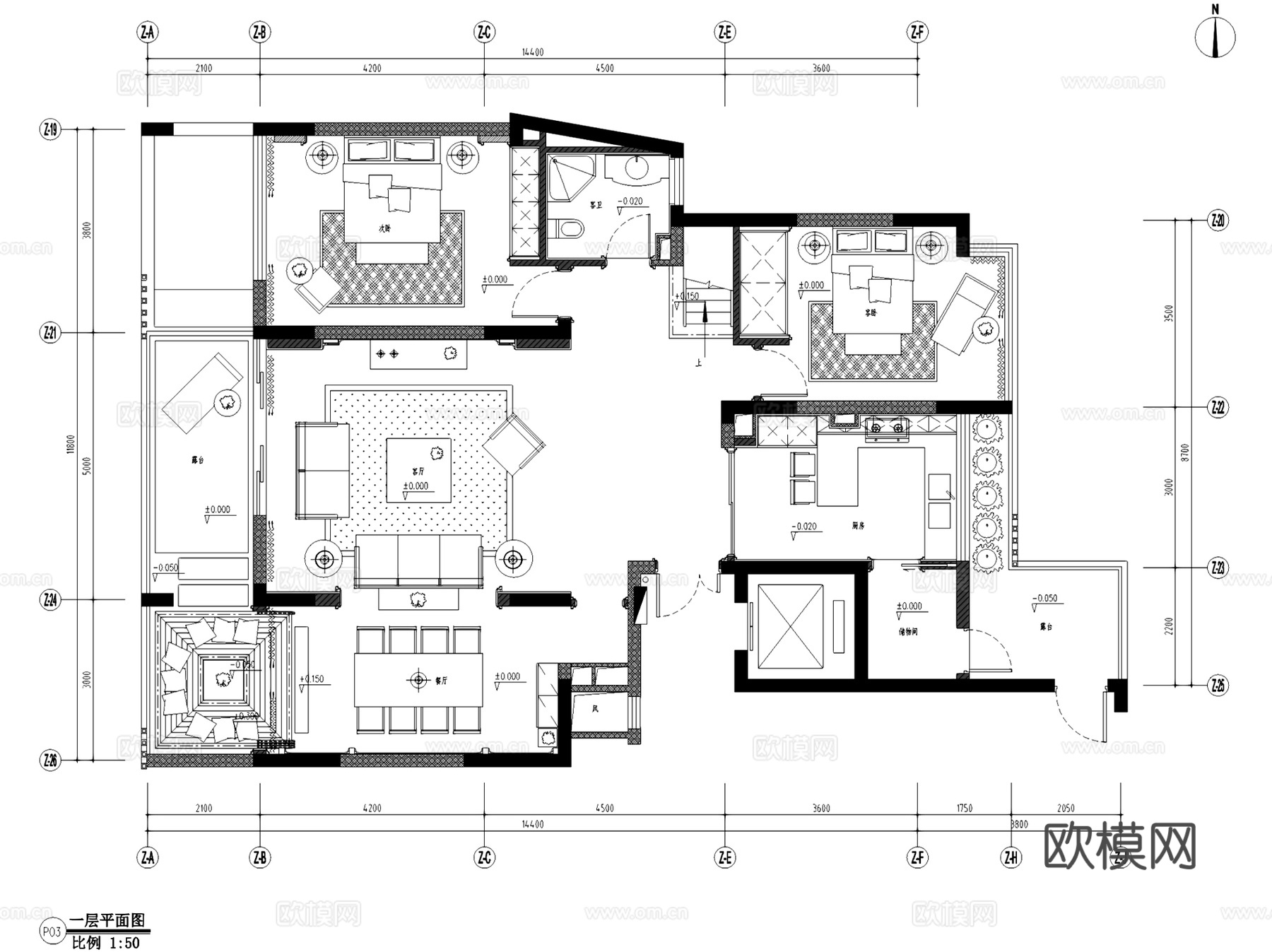 义乌天元滨江国际8层D1户型复式挑空室内家装CAD施工图整套cad施工图