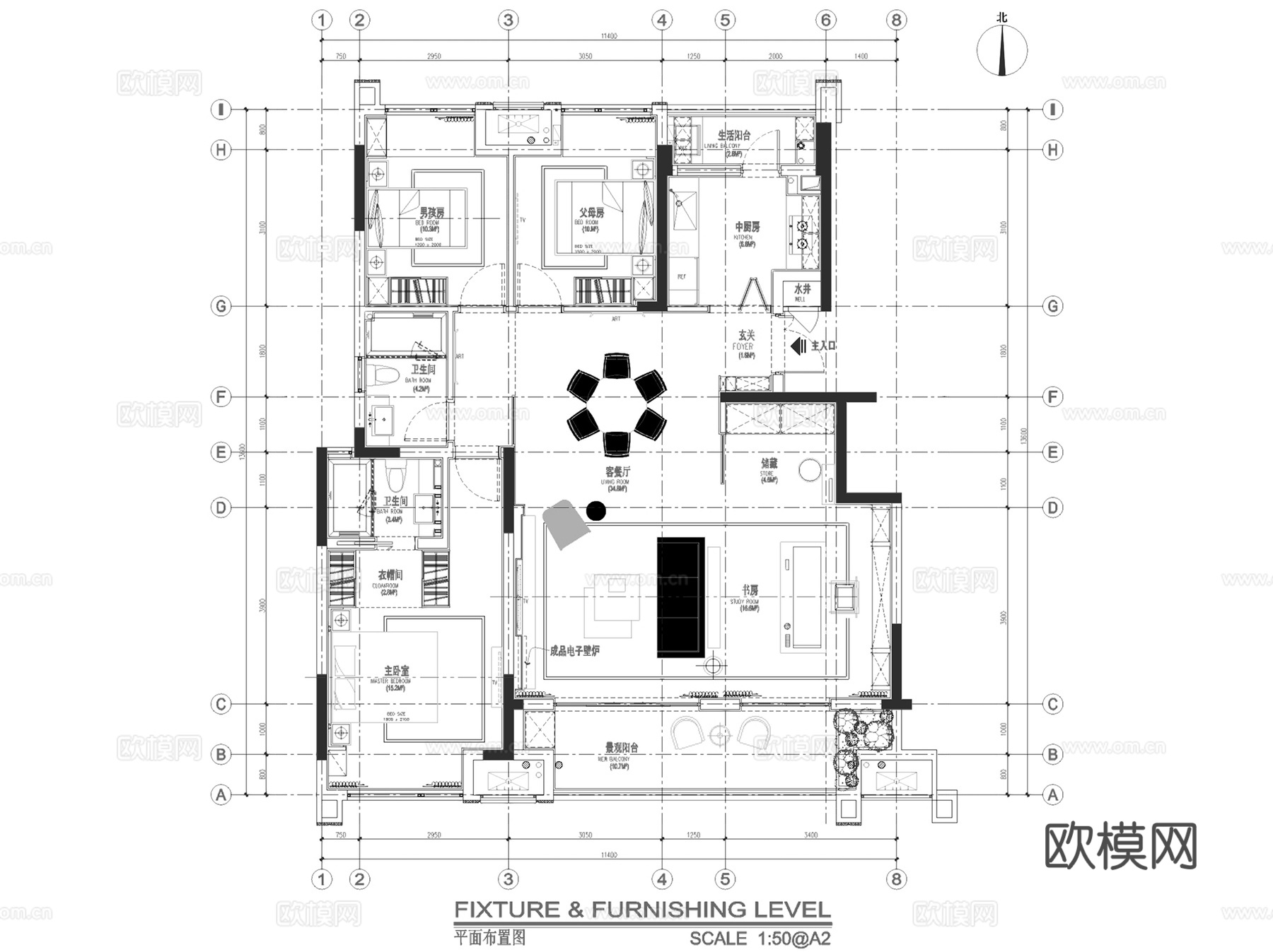 重庆金地弹子石两岸风华洋房6-3户型室内家装CAD施工图整套cad施工图