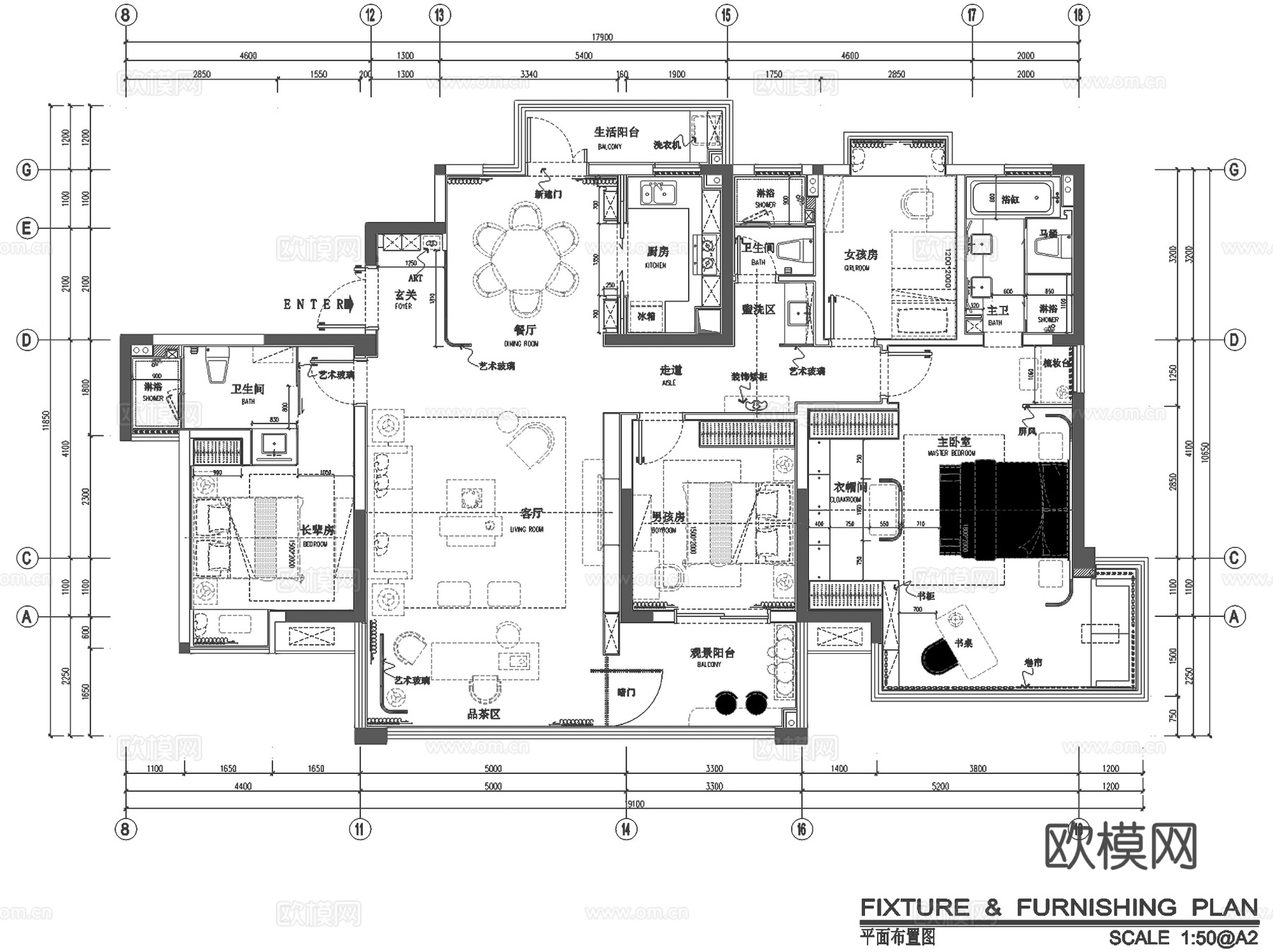 长沙润和湘江天地A-2户型样板间室内家装CAD施工图整套cad施工图