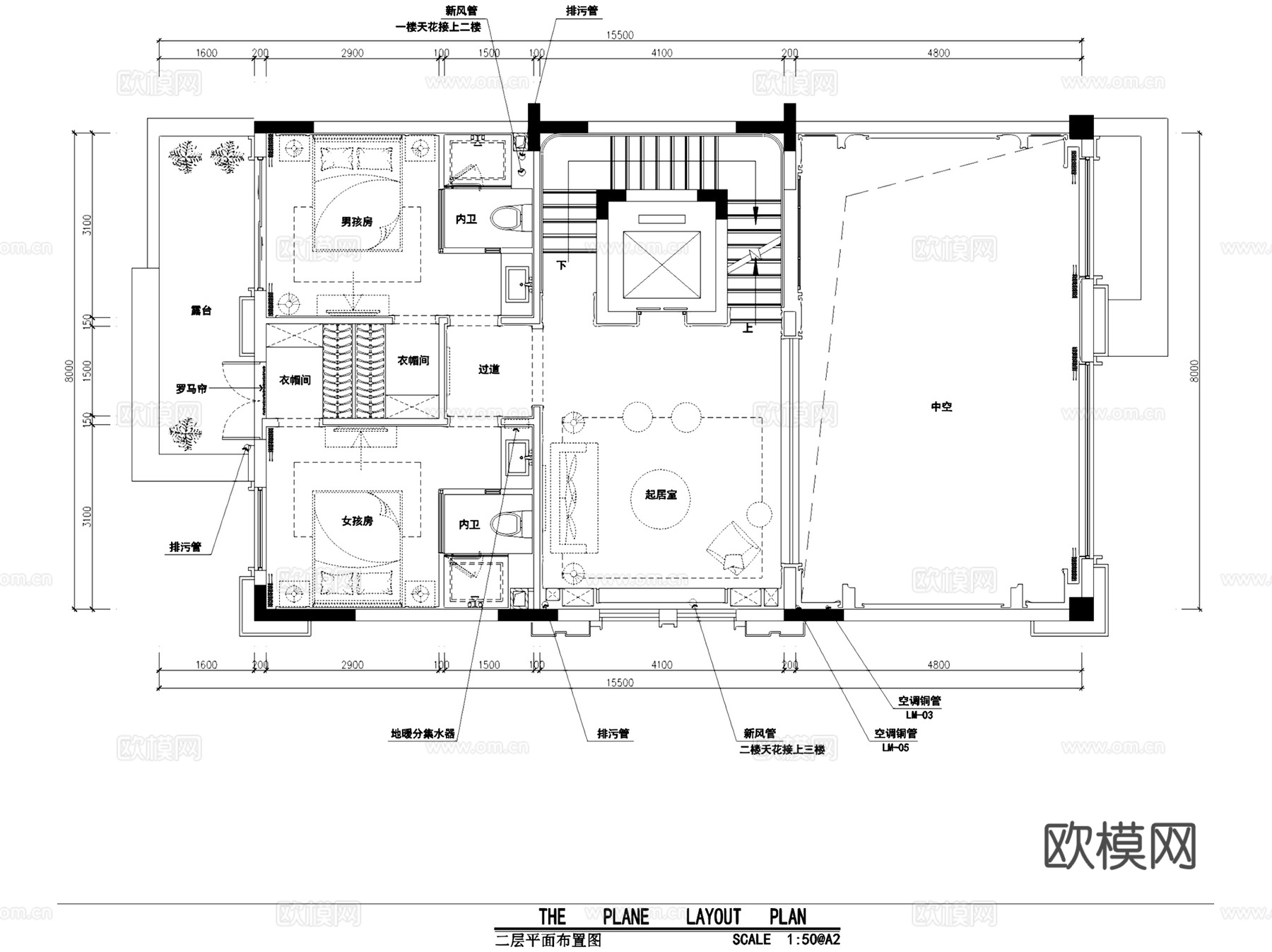 新中式金辉城三层联排别墅复式挑空室内家装CAD施工图整套cad施工图