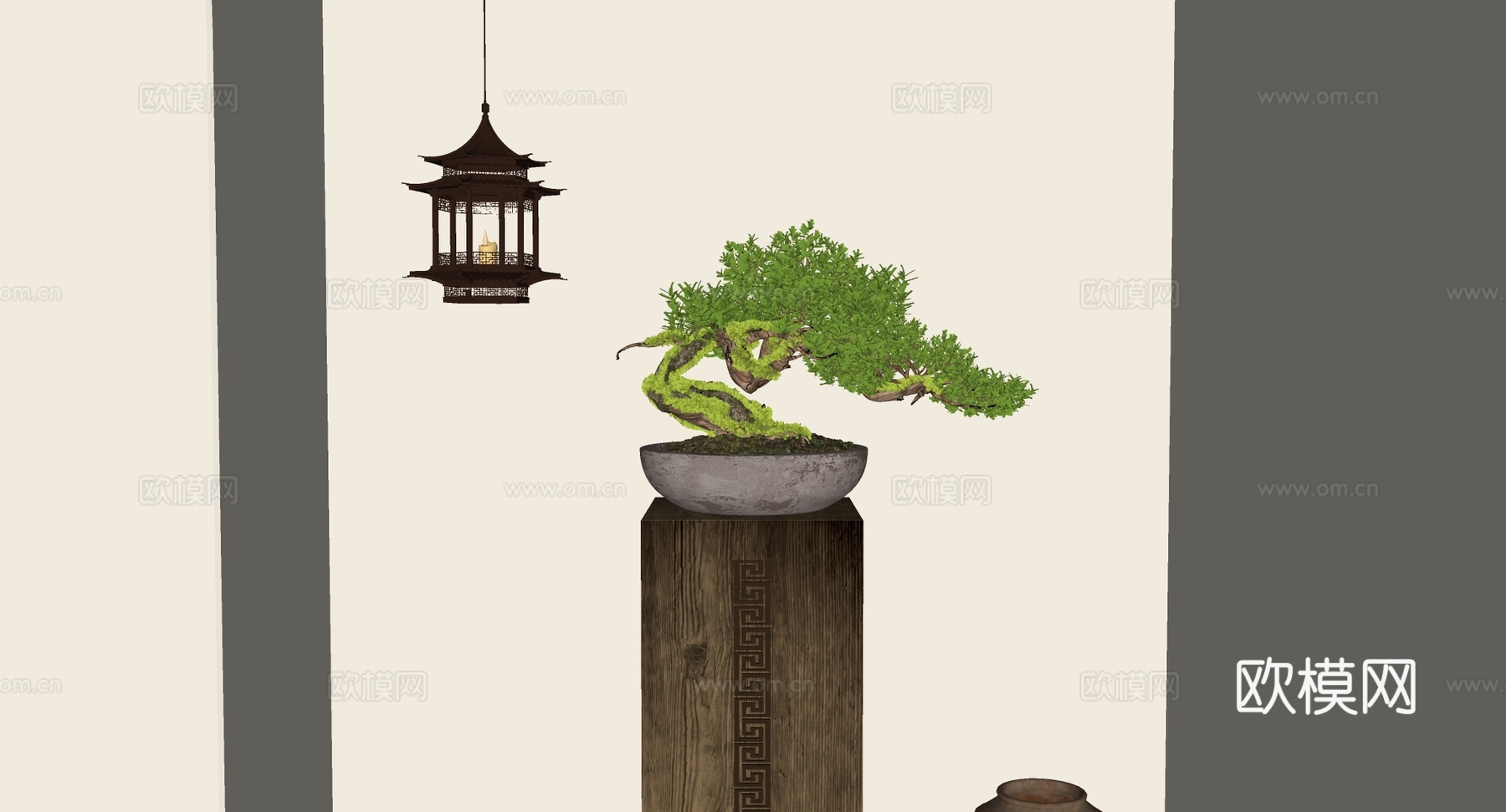 中式禅意苔藓盆景 弯曲树干造型 陶瓷花盆 实木基座 茶室装饰su模型