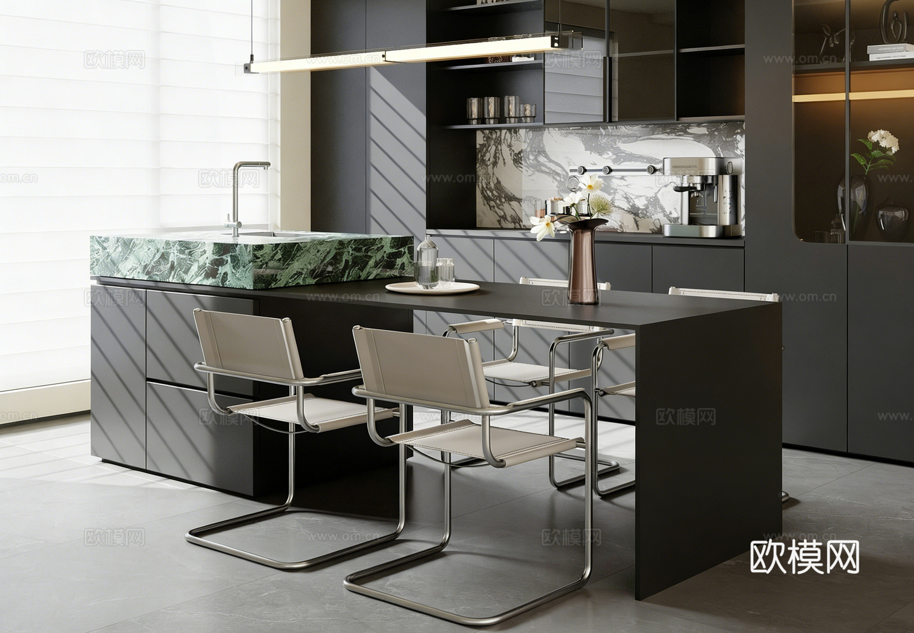 现代意式岛台 餐桌椅组合 岛台椅组合 餐边柜 吧台3d模型下载
