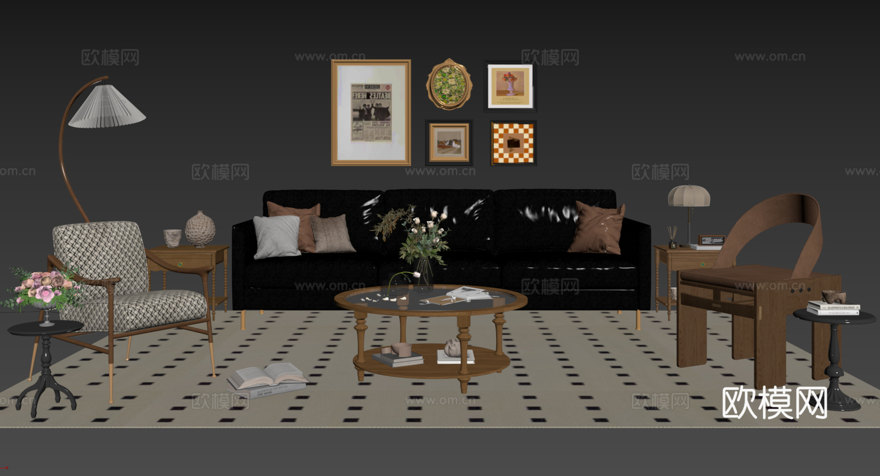 法式复古沙发组合 单人沙发 休闲椅 茶几 落地灯 装饰画su模型
