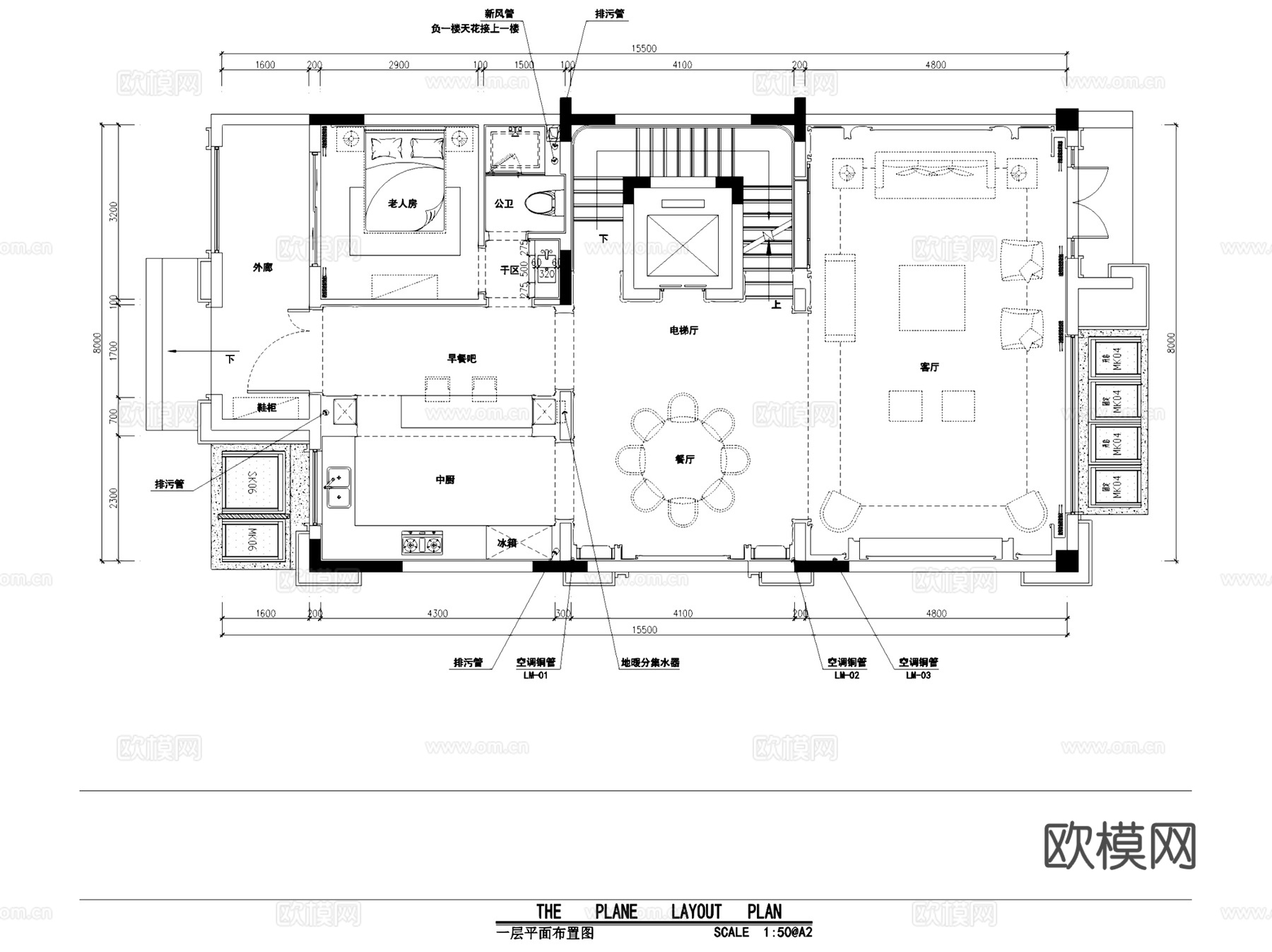 新中式金辉城三层联排别墅复式挑空室内家装CAD施工图整套cad施工图