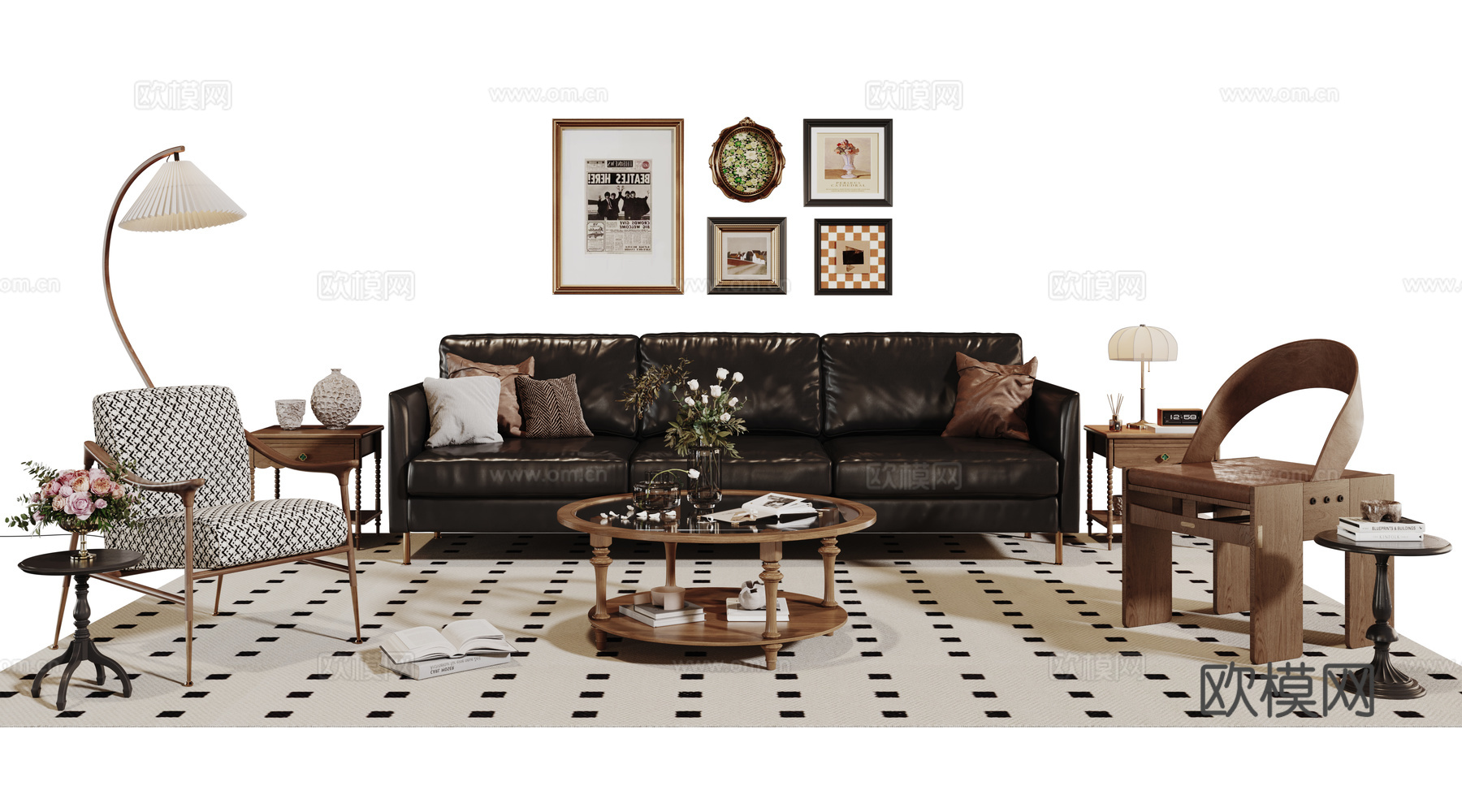 法式复古沙发组合 单人沙发 休闲椅 茶几 落地灯 装饰画su模型