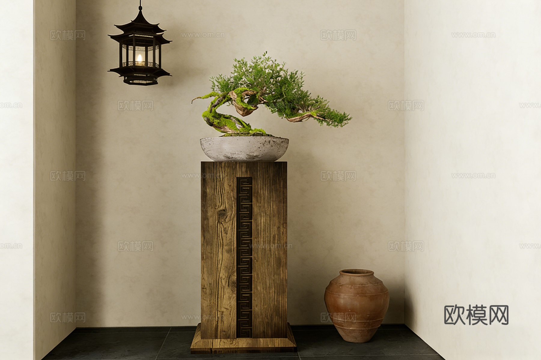 中式禅意苔藓盆景 弯曲树干造型 陶瓷花盆 实木基座 茶室装饰su模型