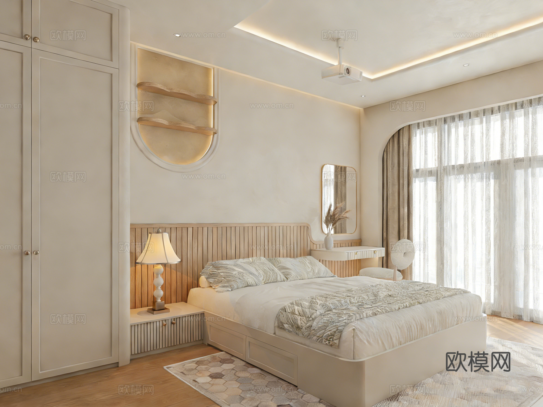 现代简约温馨风卧室 投影仪 拱形元素 木质格栅 书桌衣柜一体su模型