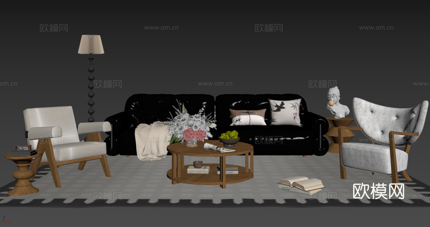 法式复古沙发组合 单人沙发 休闲椅 茶几 落地灯 装饰画su模型