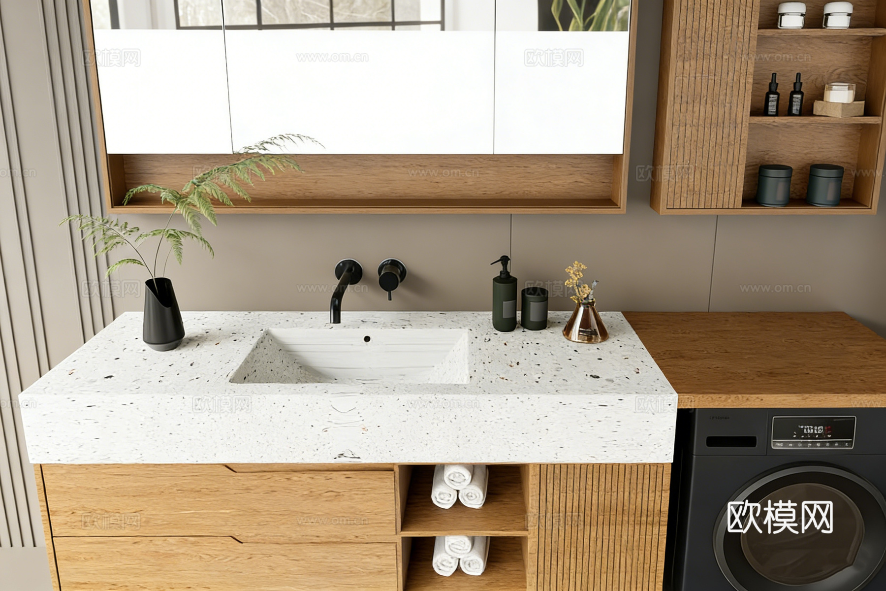 现代简约卫生间 悬挂式洗手台 木质镜柜 滚筒洗衣机 储物 原su模型