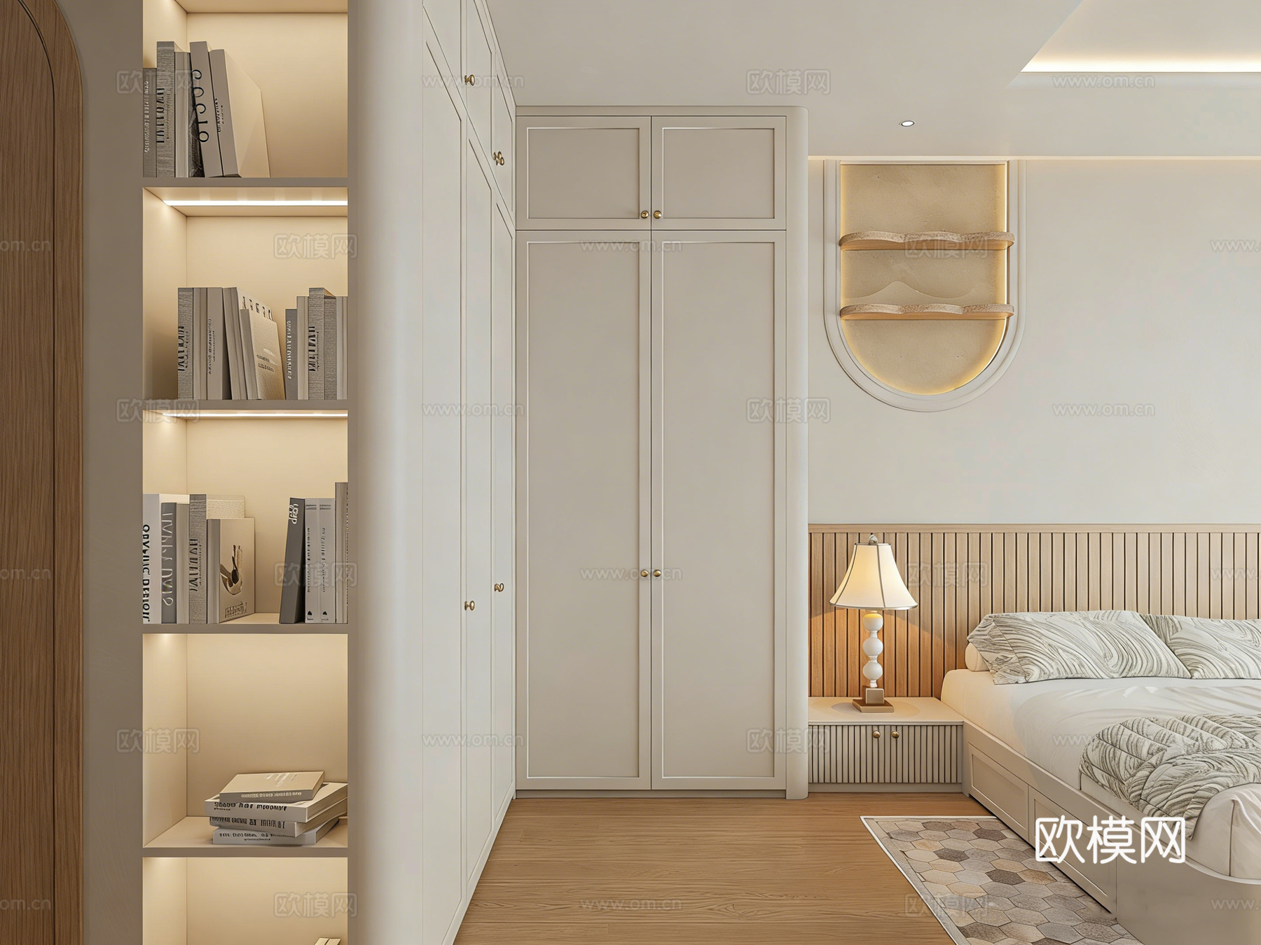 现代简约温馨风卧室 投影仪 拱形元素 木质格栅 书桌衣柜一体su模型