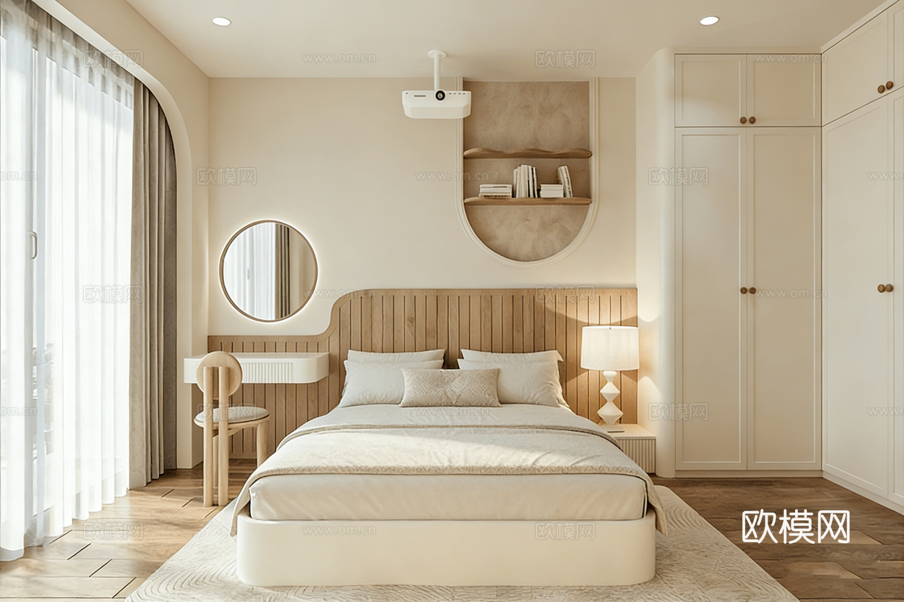 现代简约温馨风卧室 投影仪 拱形元素 木质格栅 书桌衣柜一体su模型