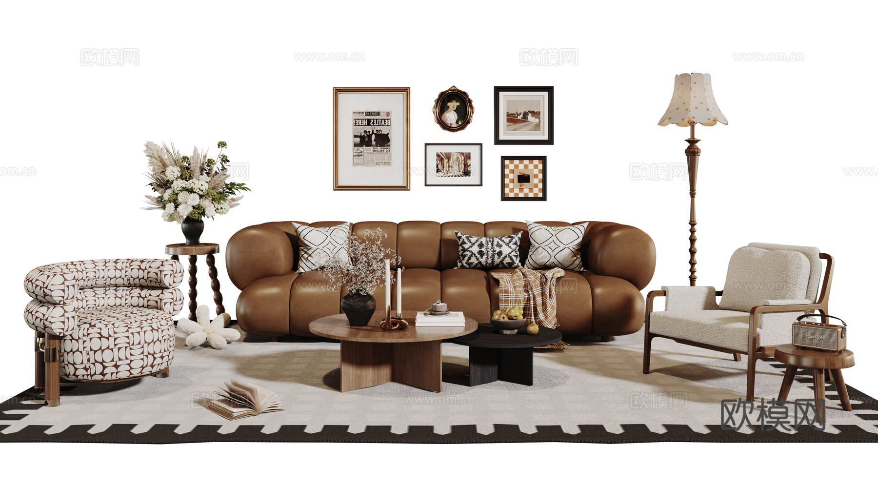 法式复古沙发组合 单人沙发 休闲椅 茶几 落地灯 装饰画su模型