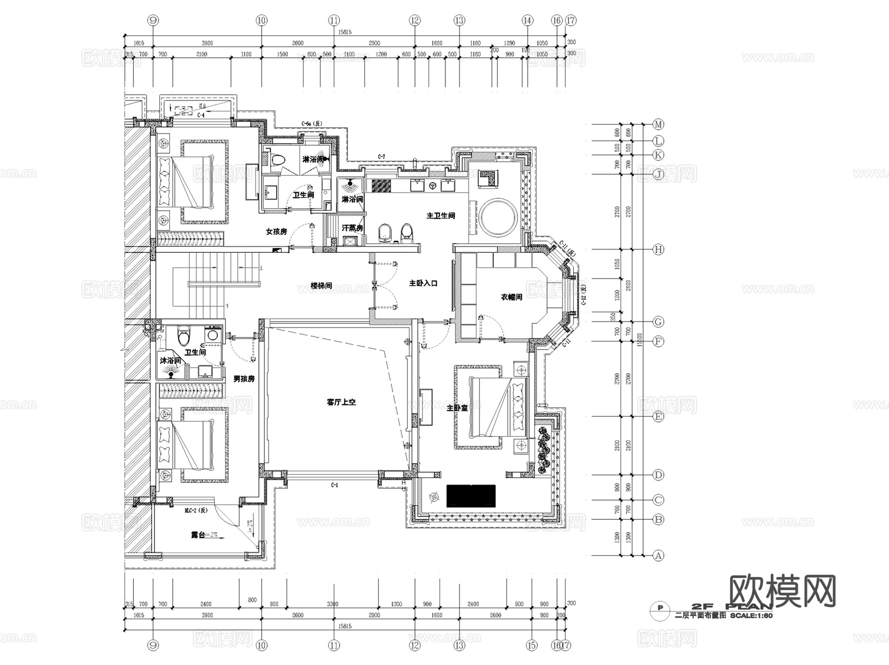 盘锦美的城二期中式样板间青墨雅涵三层别墅复式挑空家装CADcad施工图