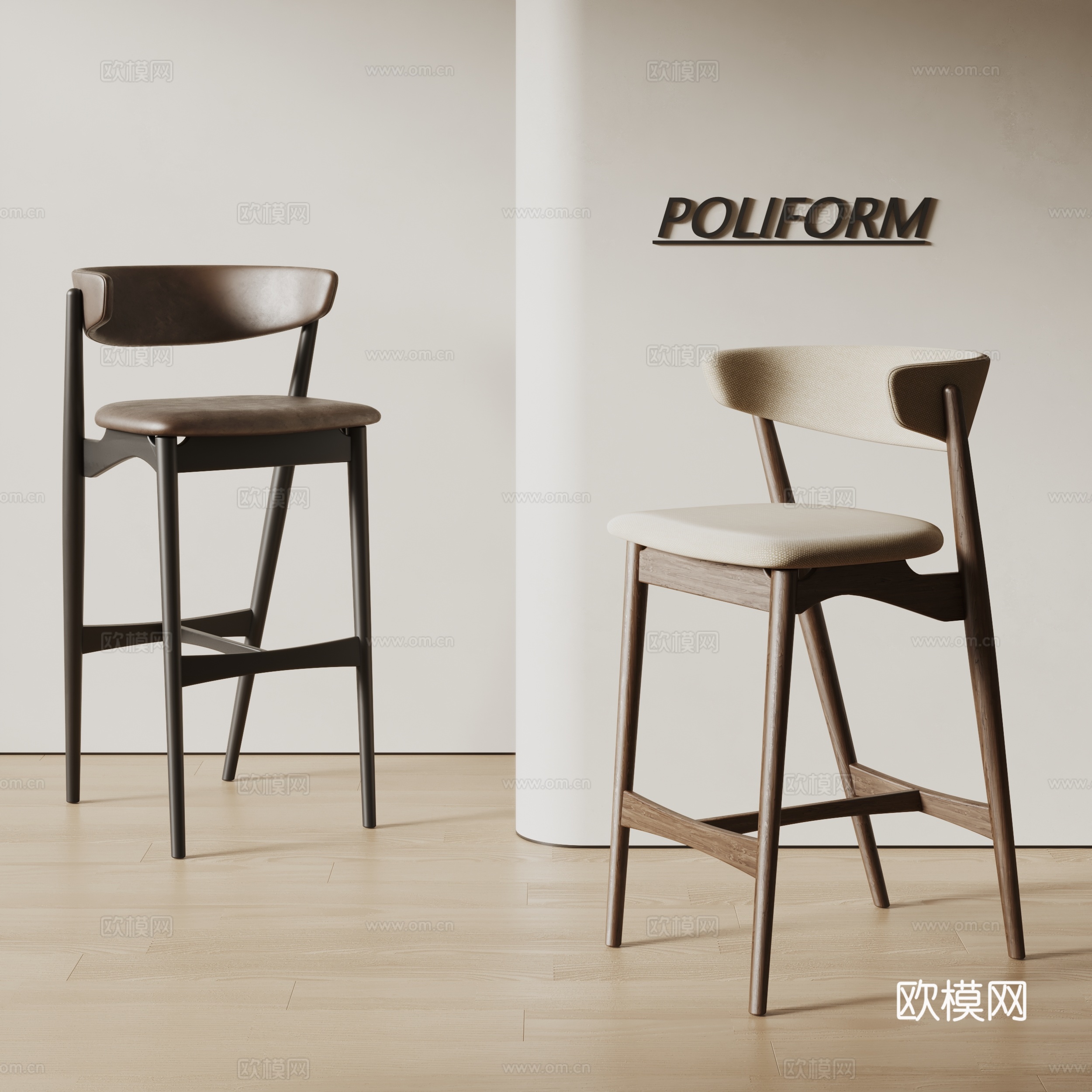 poliform侘寂风吧椅 餐椅 实木吧椅su模型