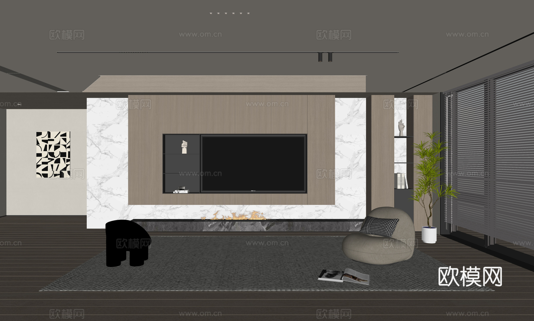 现代客厅 奶油客厅 电视背景墙 沙发茶几组合 奶油风背景墙su模型