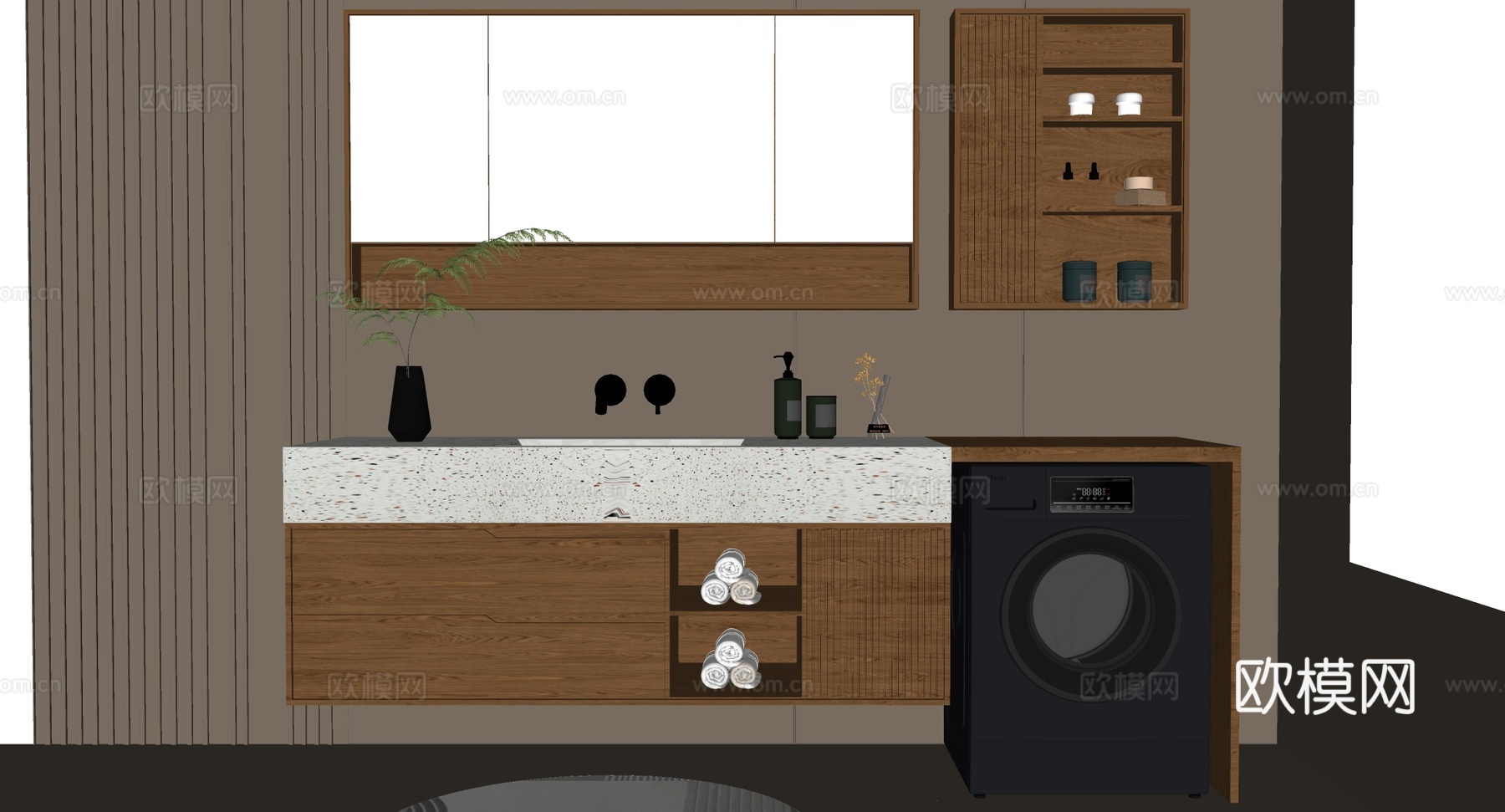 现代简约卫生间 悬挂式洗手台 木质镜柜 滚筒洗衣机 储物 原su模型