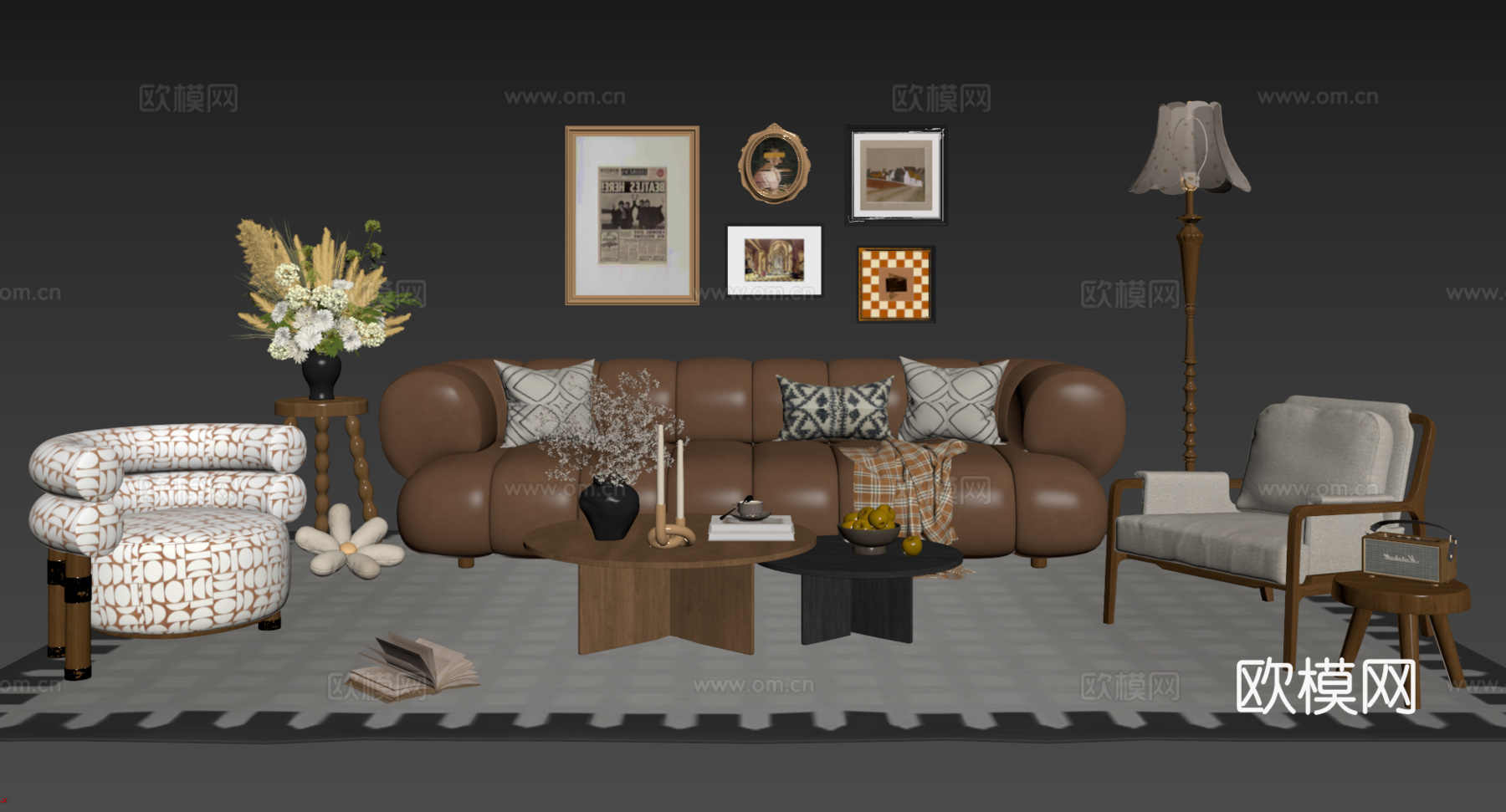 法式复古沙发组合 单人沙发 休闲椅 茶几 落地灯 装饰画su模型