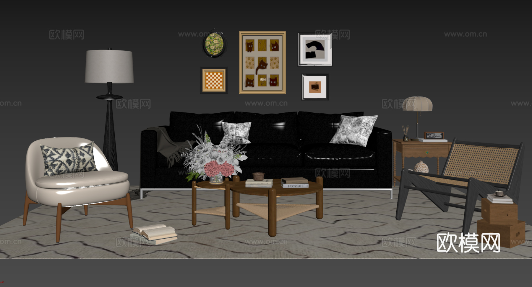法式复古沙发组合 单人沙发 休闲椅 茶几 落地灯 装饰画su模型