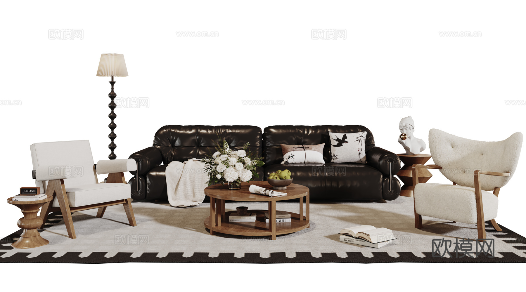 法式复古沙发组合 单人沙发 休闲椅 茶几 落地灯 装饰画su模型