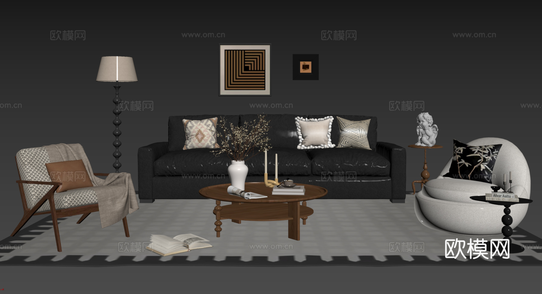 法式复古沙发组合 单人沙发 休闲椅 茶几 落地灯 装饰画su模型