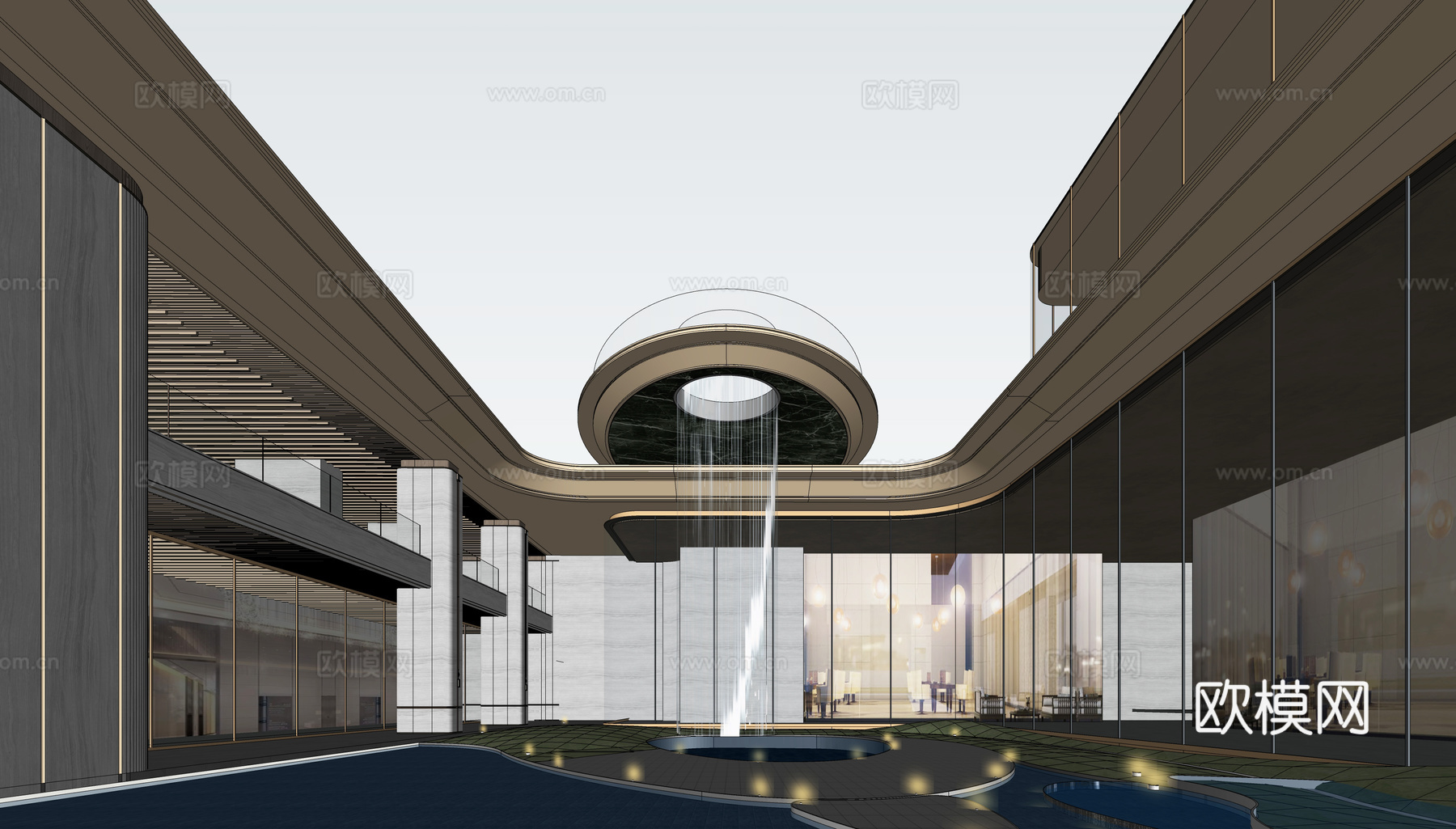 小区入口下沉庭院 示范区下沉会所 下沉水苑su模型