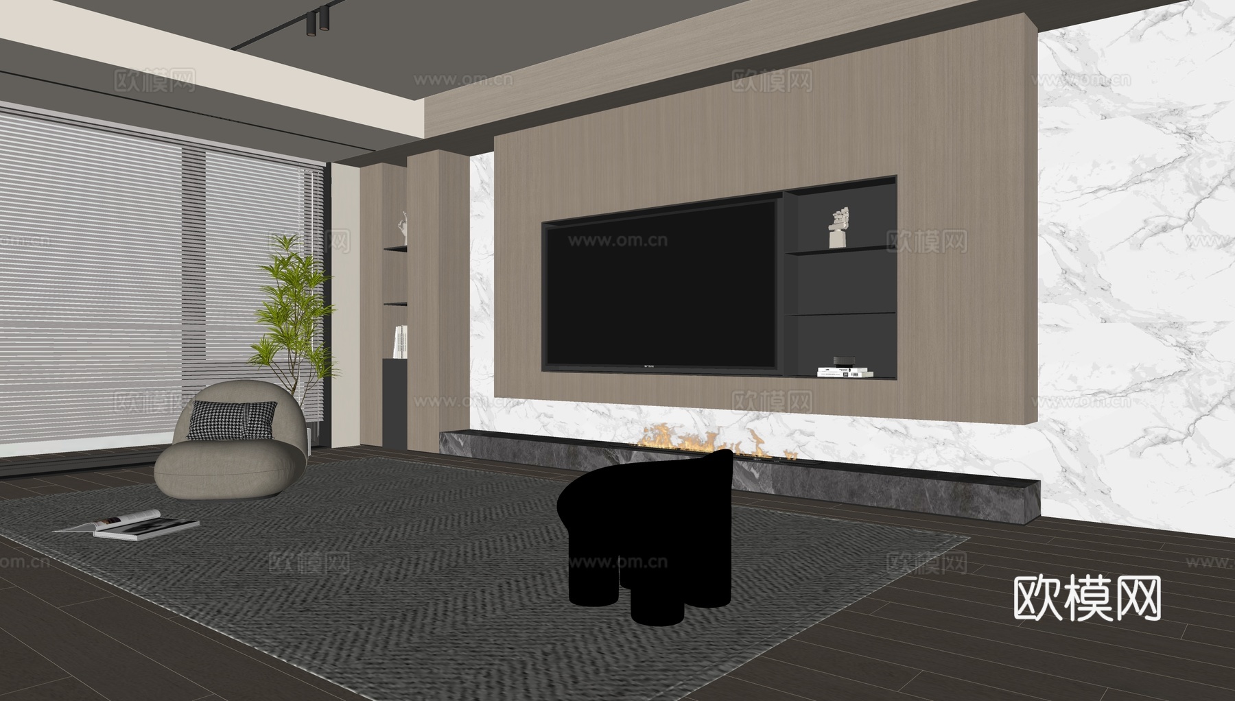 现代客厅 奶油客厅 电视背景墙 沙发茶几组合 奶油风背景墙su模型