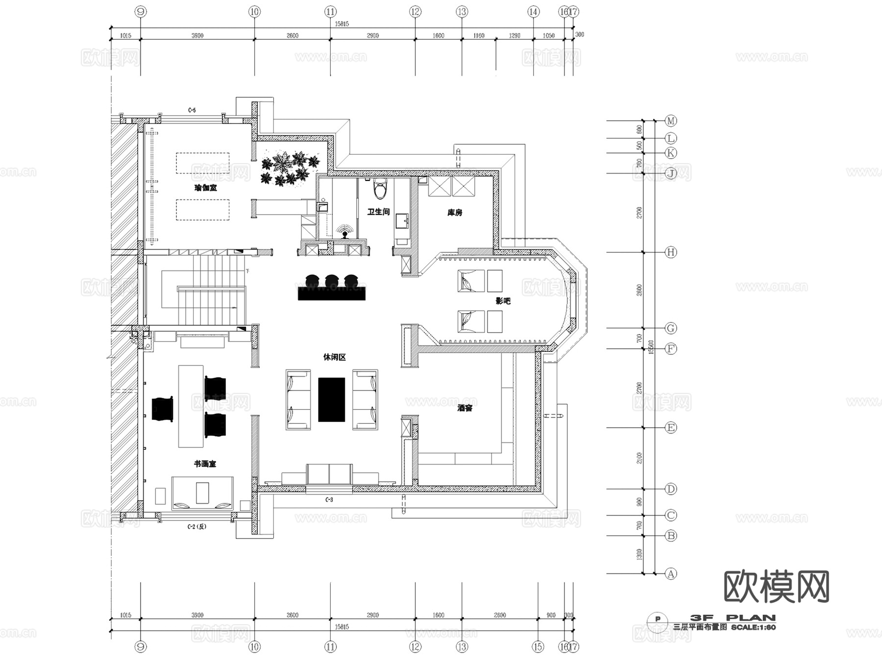盘锦美的城二期中式样板间青墨雅涵三层别墅复式挑空家装CADcad施工图