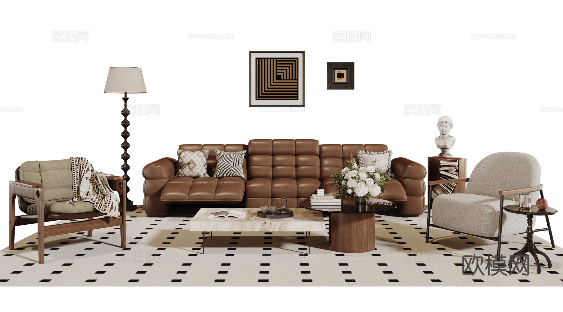 法式复古沙发组合 单人沙发 休闲椅 茶几 落地灯 装饰画su模型