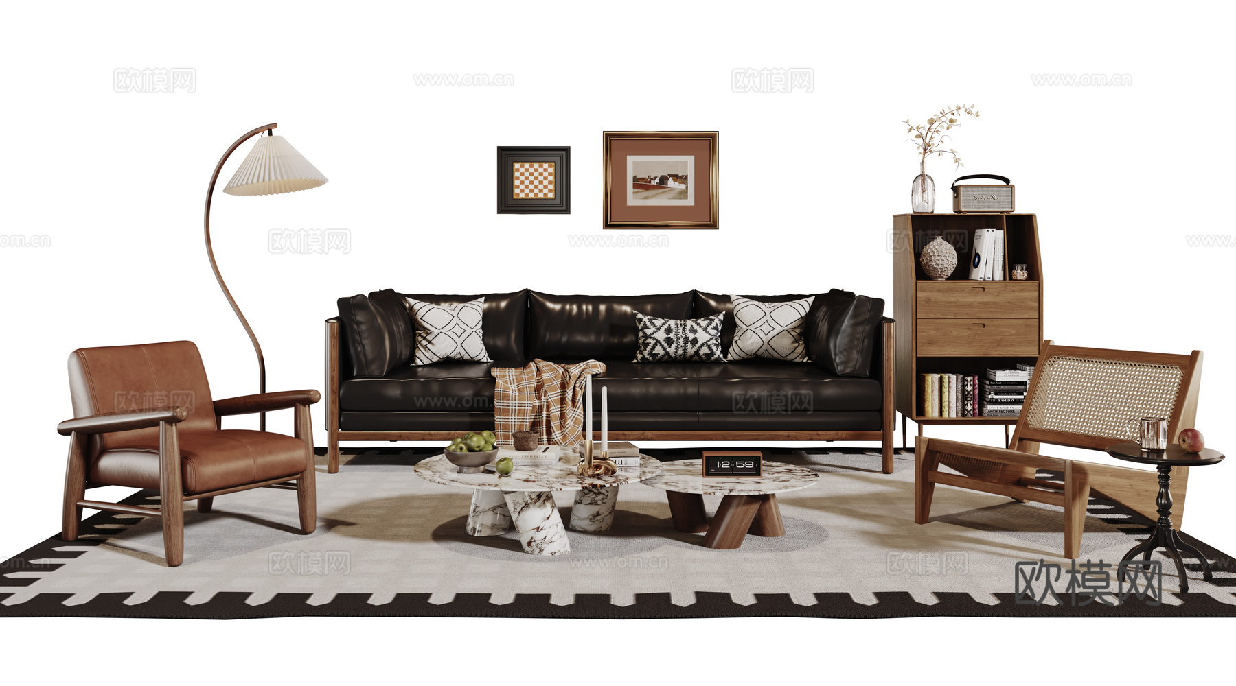 法式复古沙发组合 单人沙发 休闲椅 茶几 落地灯 装饰画su模型