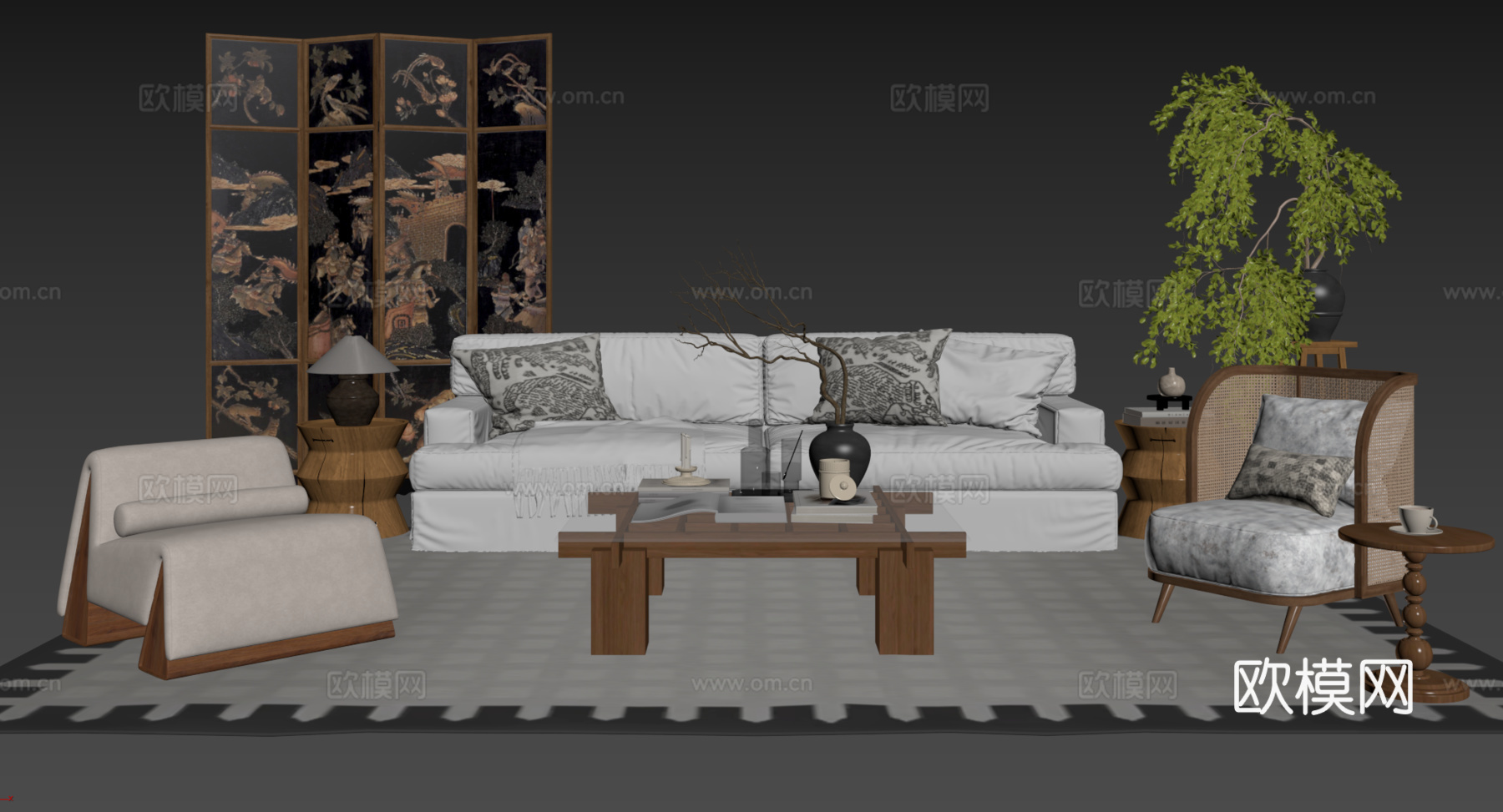 法式复古沙发组合 单人沙发 休闲椅 茶几 落地灯 装饰画su模型
