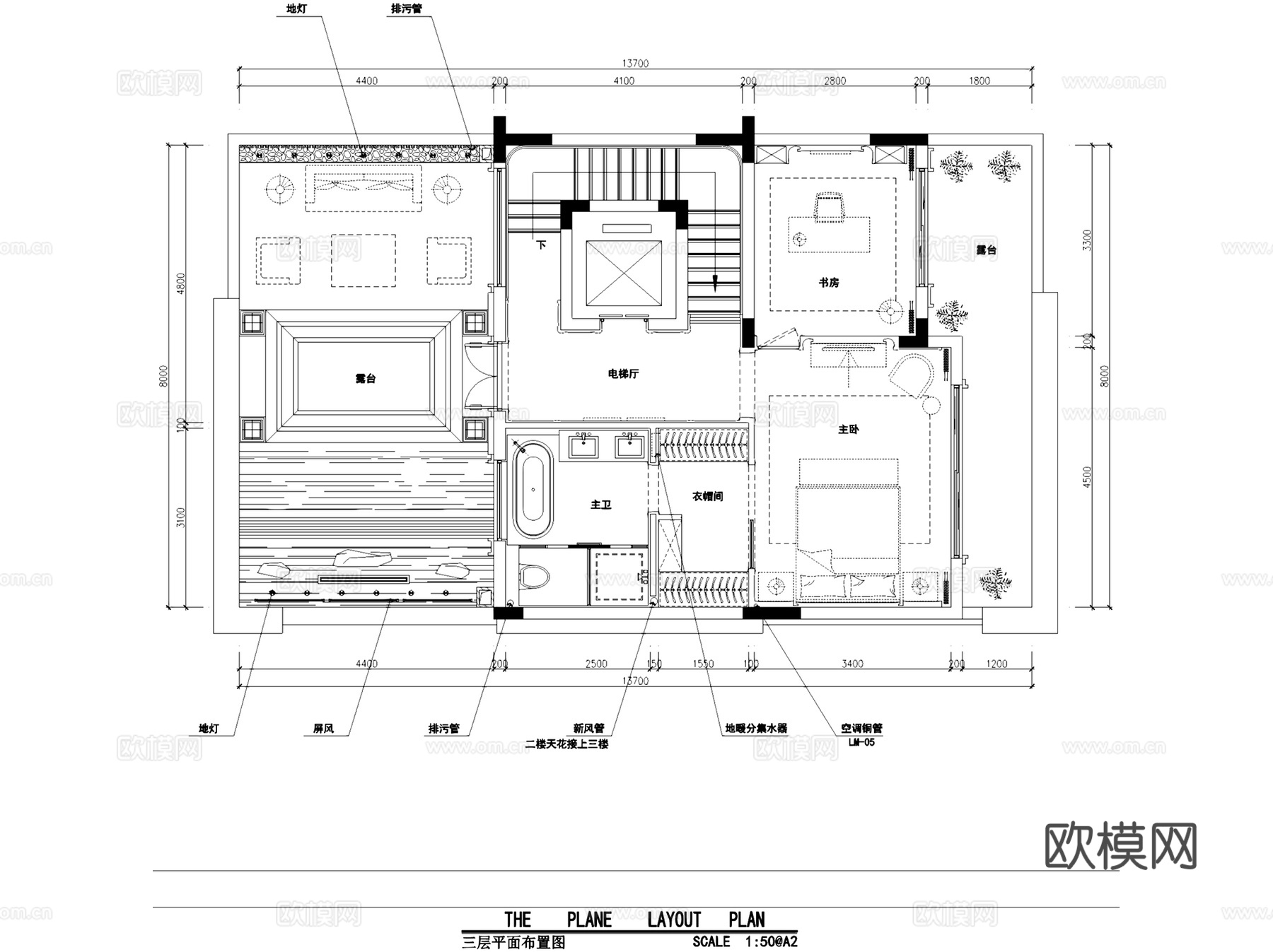 新中式金辉城三层联排别墅复式挑空室内家装CAD施工图整套cad施工图