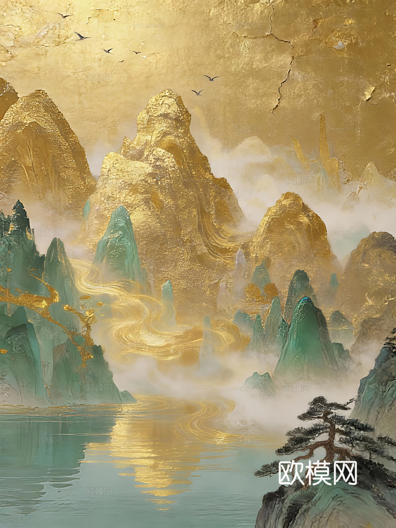 新中式新中式民俗风景装饰画 金色风景画